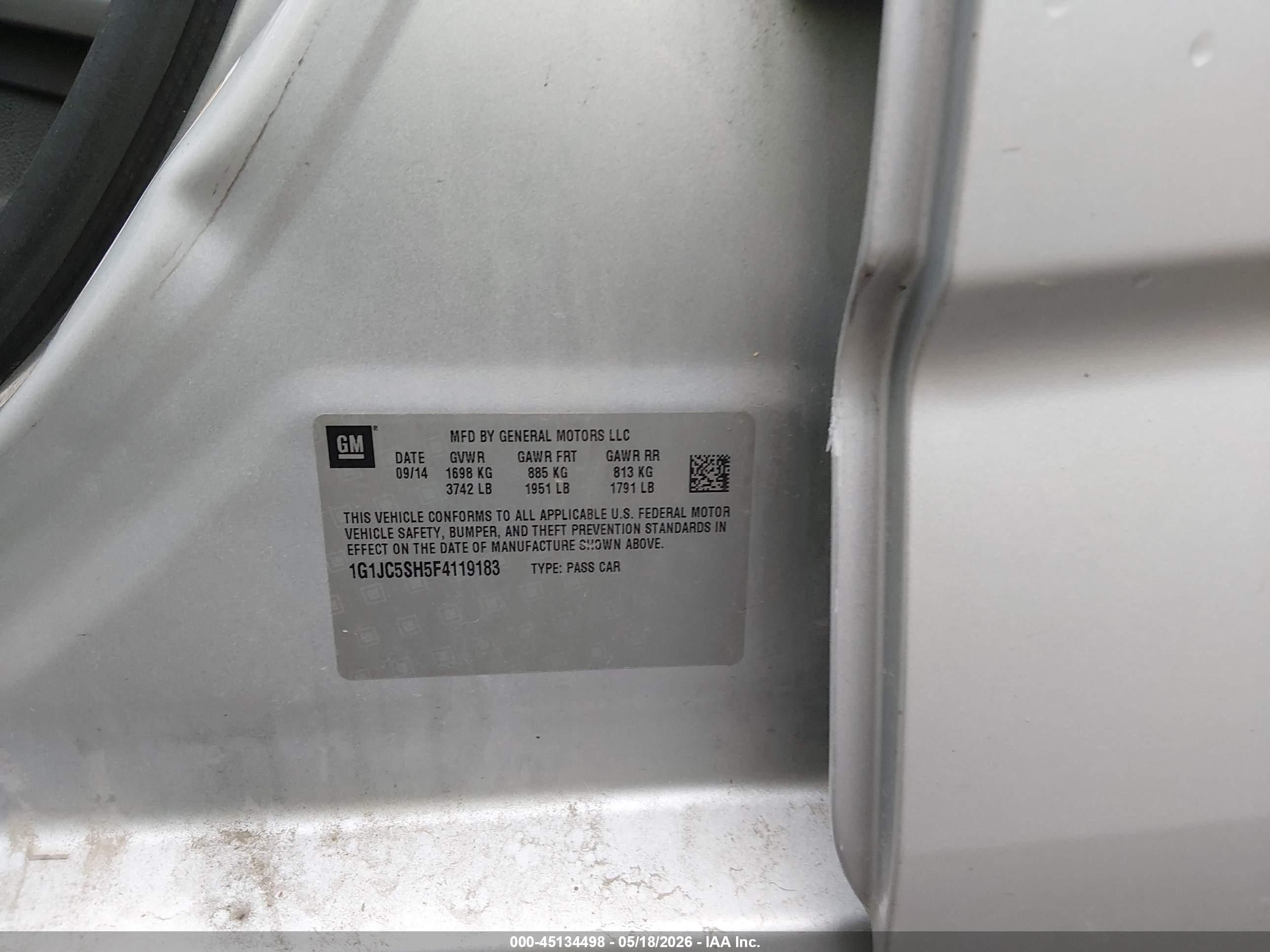 2015 Chevrolet Sonic Lt Auto Серебряный vin: 1G1JC5SH5F4119183