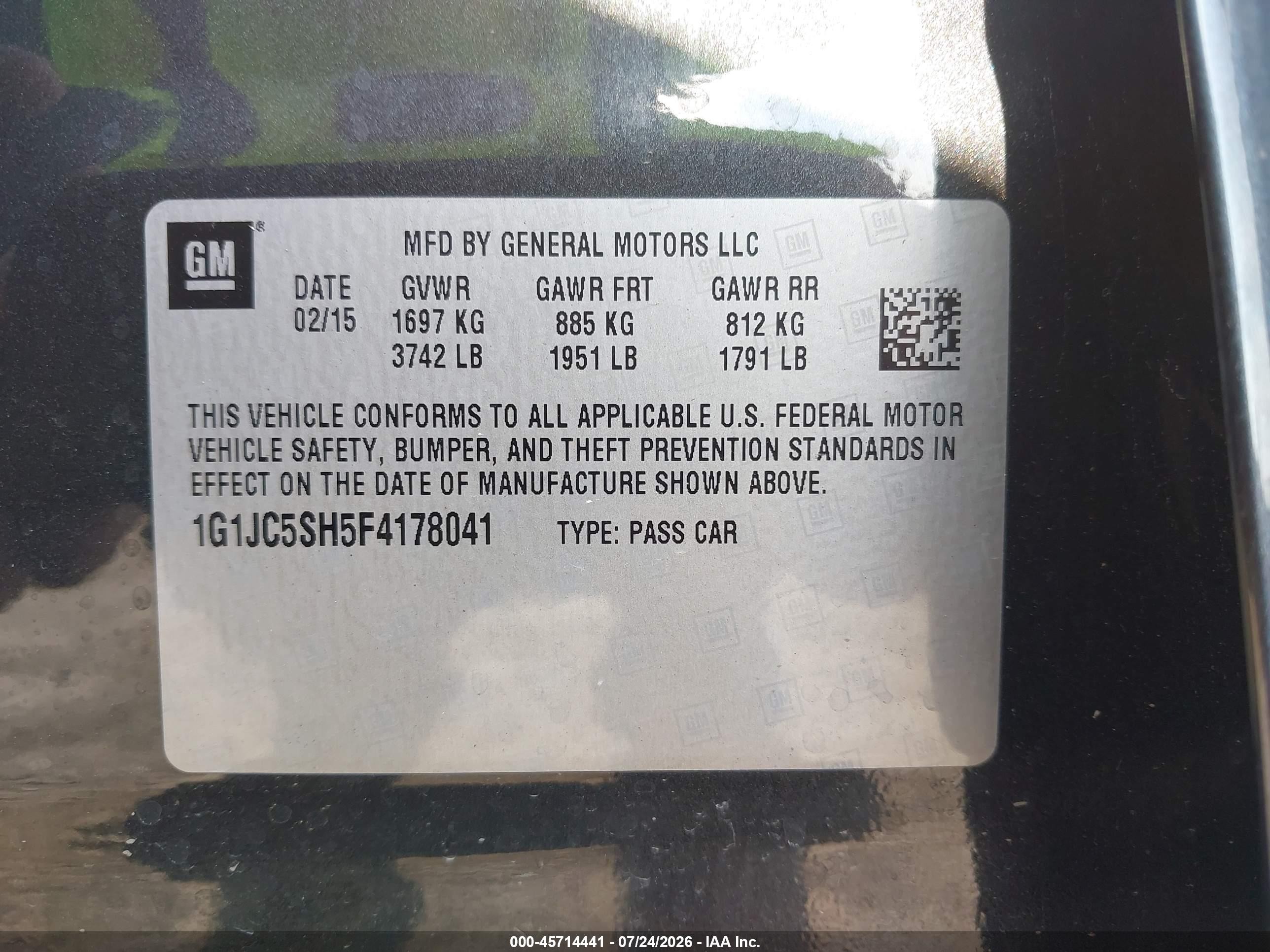 2015 Chevrolet Sonic Lt Auto Gray vin: 1G1JC5SH5F4178041
