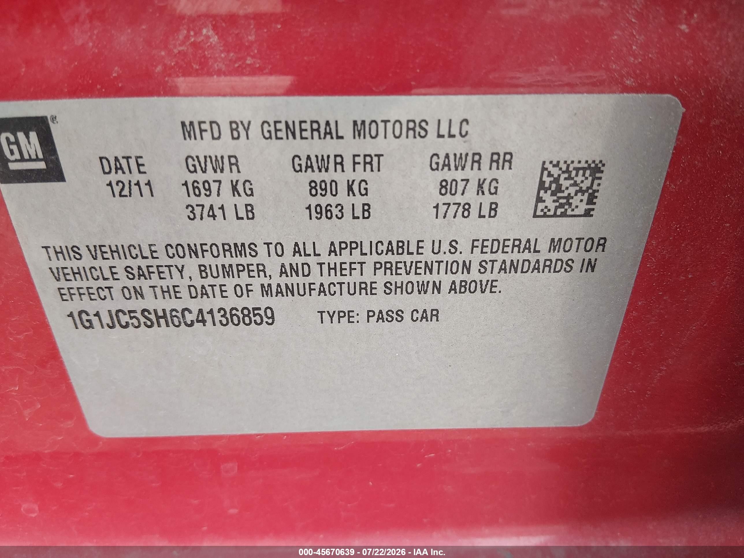 2012 Chevrolet Sonic 2lt Red vin: 1G1JC5SH6C4136859