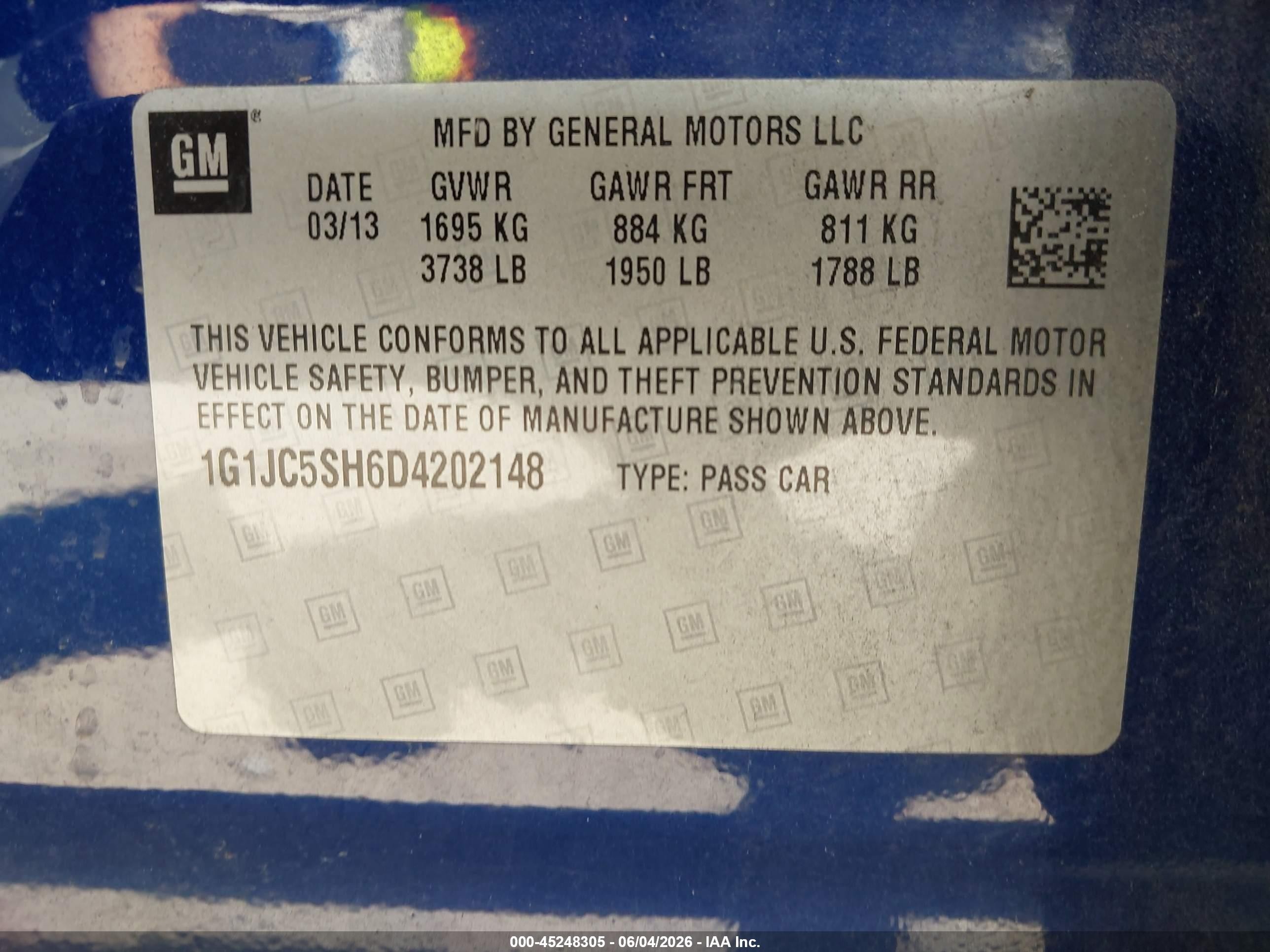 2013 Chevrolet Sonic Lt Auto Blue vin: 1G1JC5SH6D4202148