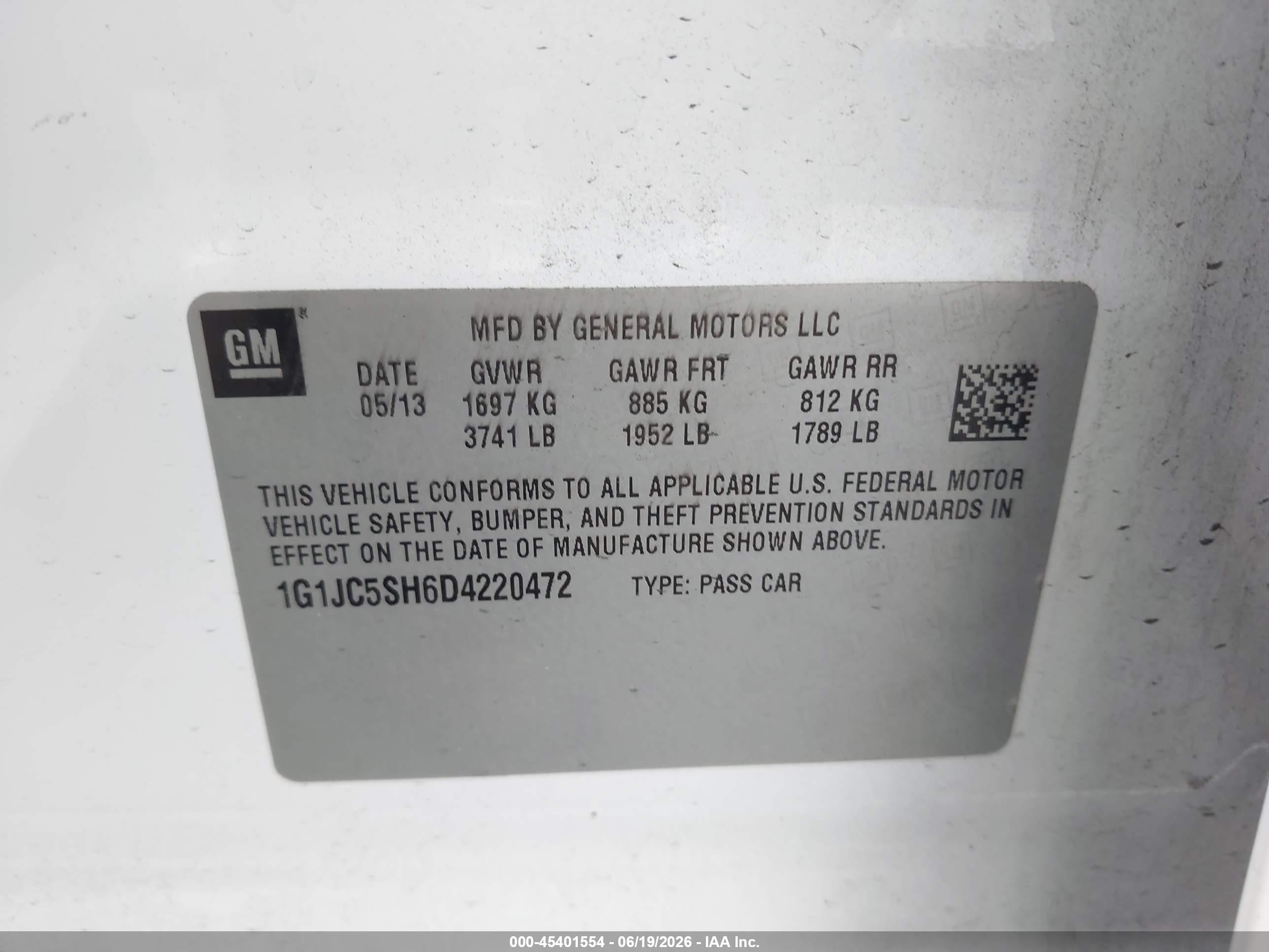 2013 Chevrolet Sonic Lt Auto Белый vin: 1G1JC5SH6D4220472
