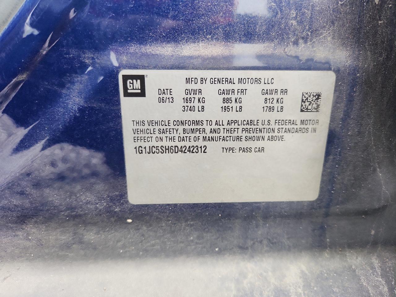 2013 Chevrolet Sonic Lt Blue vin: 1G1JC5SH6D4242312