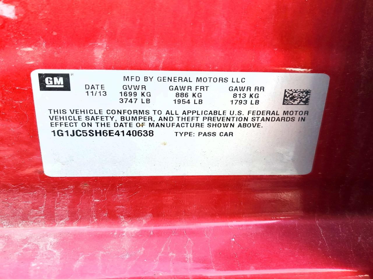 2014 Chevrolet Sonic Lt Red vin: 1G1JC5SH6E4140638
