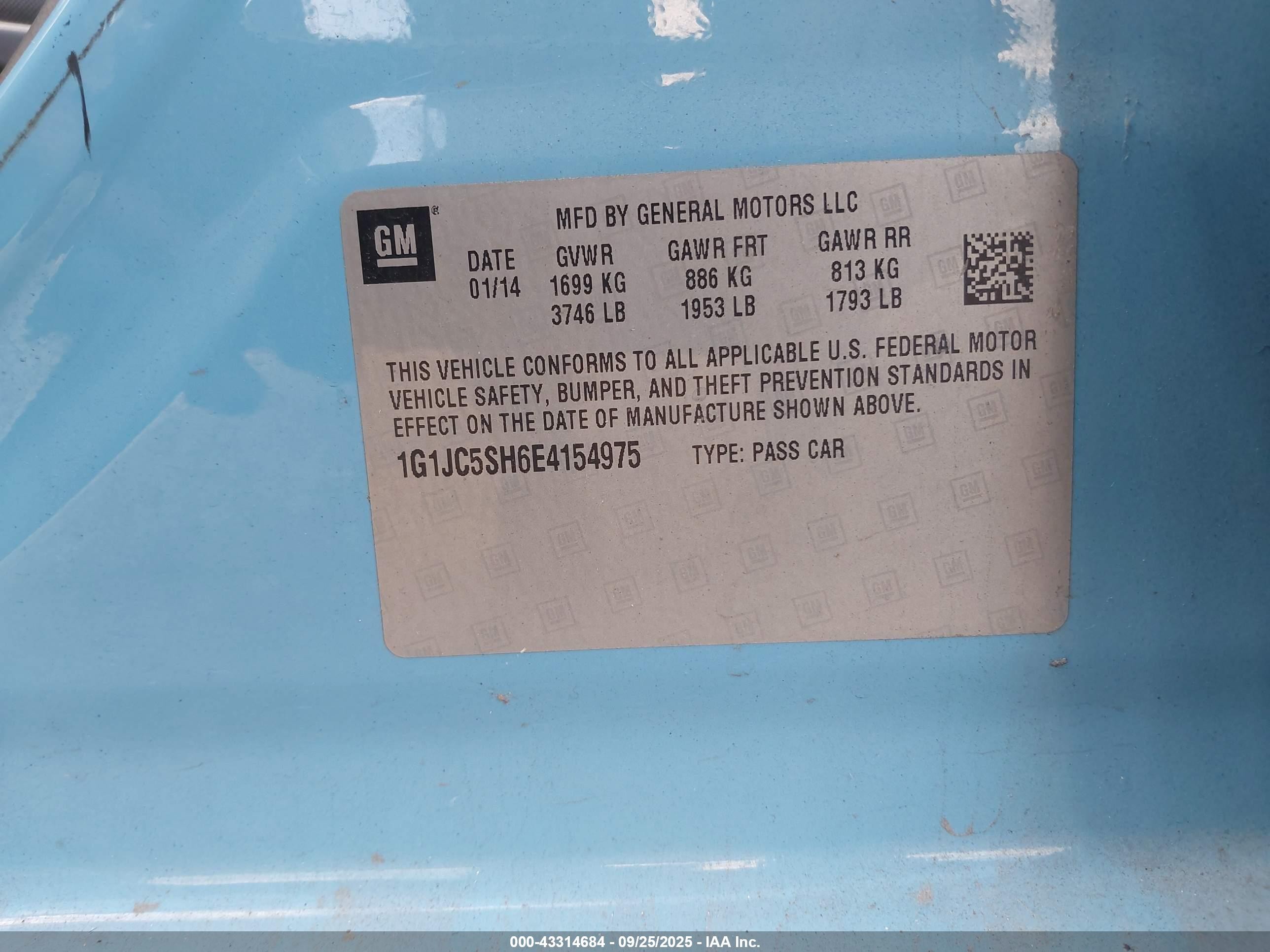 2014 Chevrolet Sonic Lt Auto Light Blue vin: 1G1JC5SH6E4154975