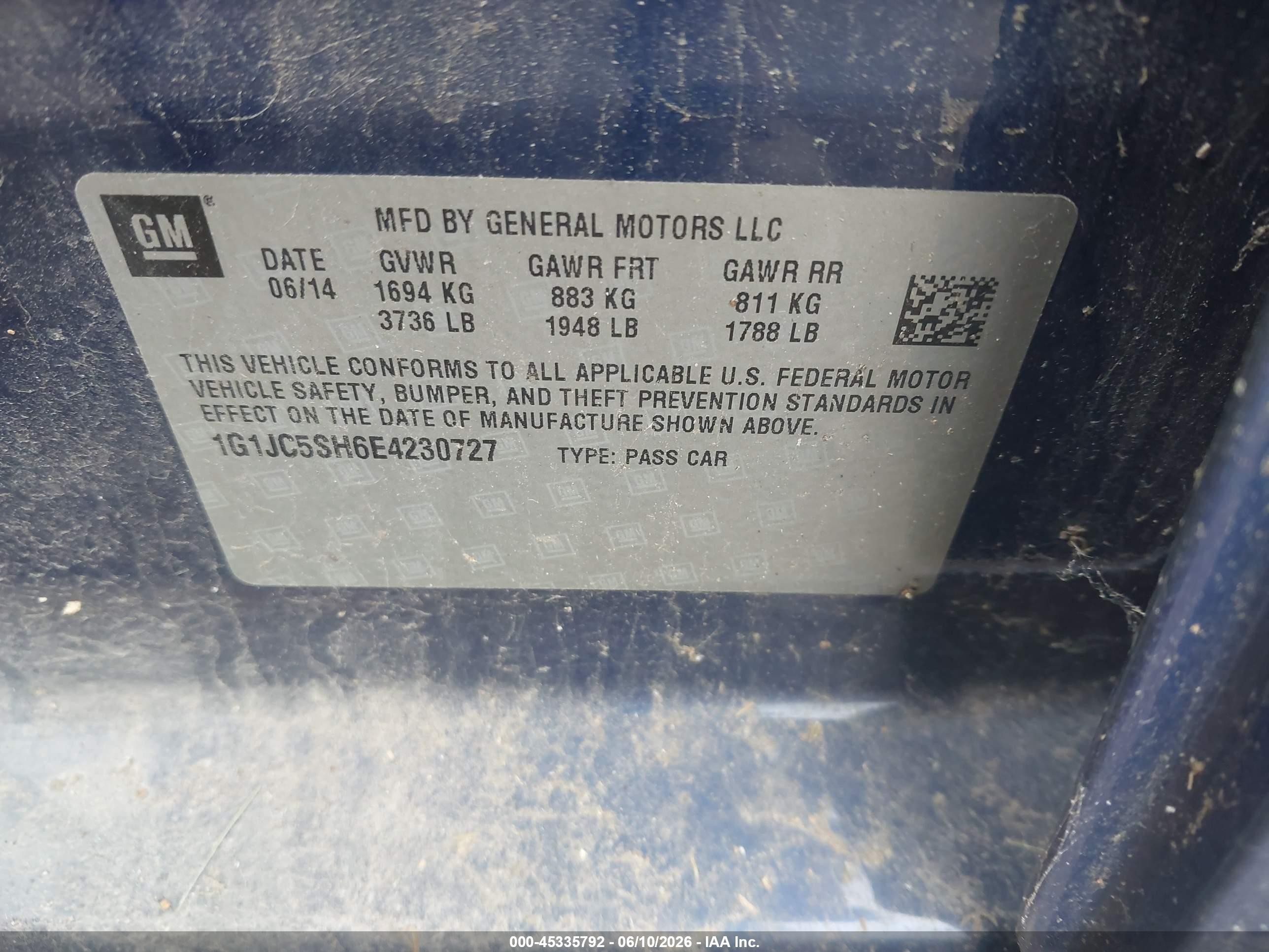 2014 Chevrolet Sonic Lt Auto Blue vin: 1G1JC5SH6E4230727