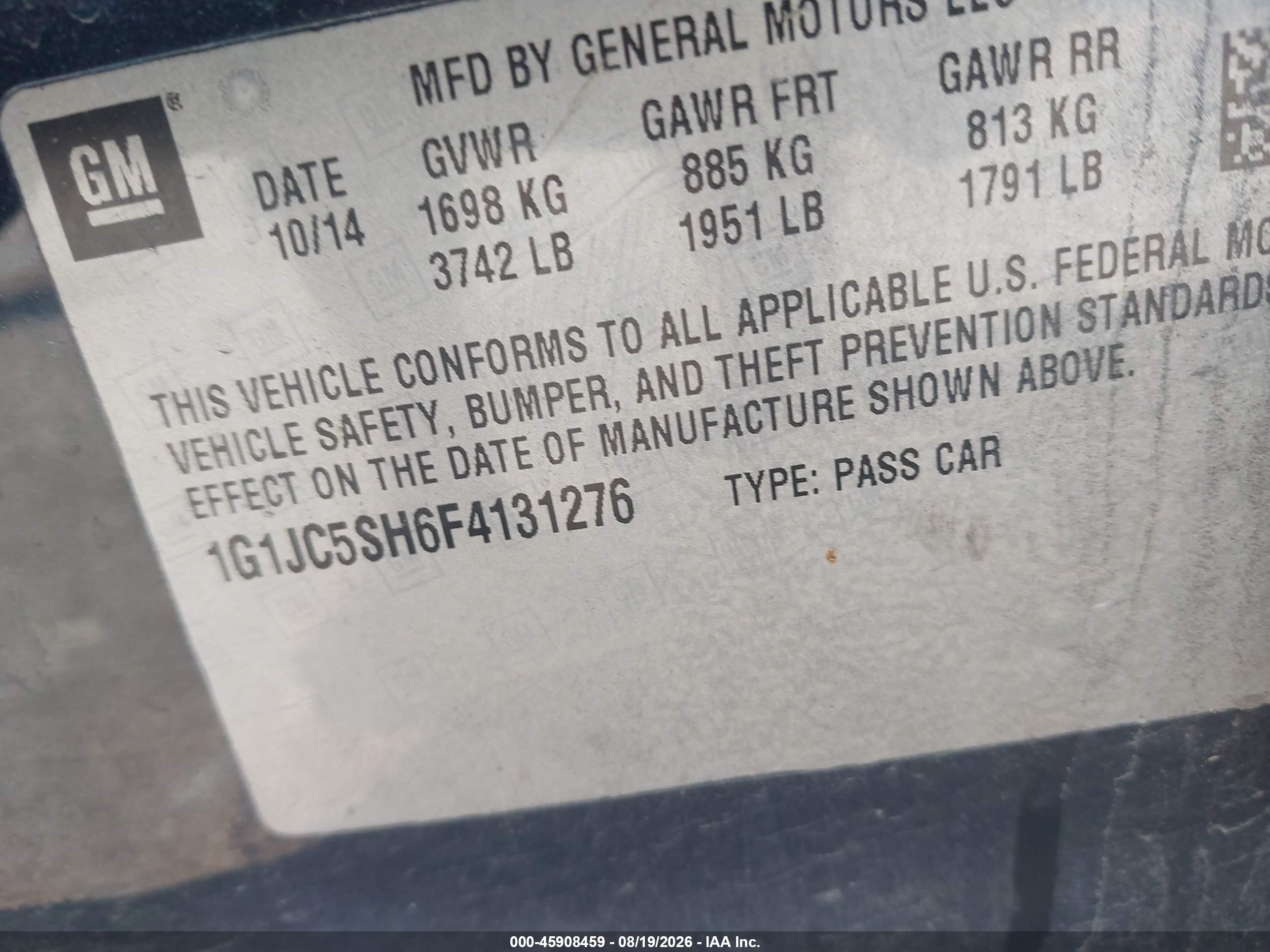 2015 Chevrolet Sonic Lt Auto Blue vin: 1G1JC5SH6F4131276