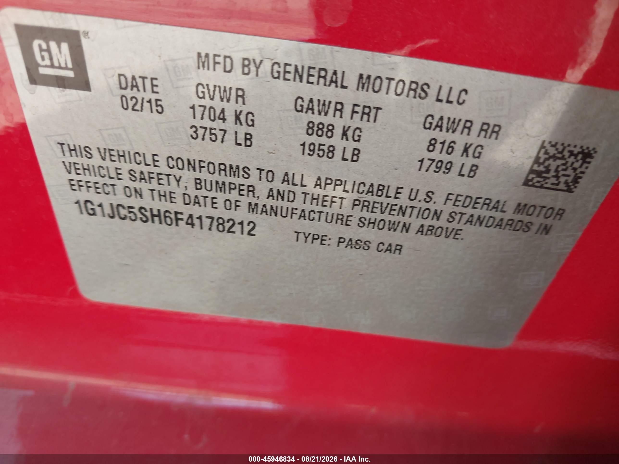 2015 Chevrolet Sonic Lt Auto Red vin: 1G1JC5SH6F4178212