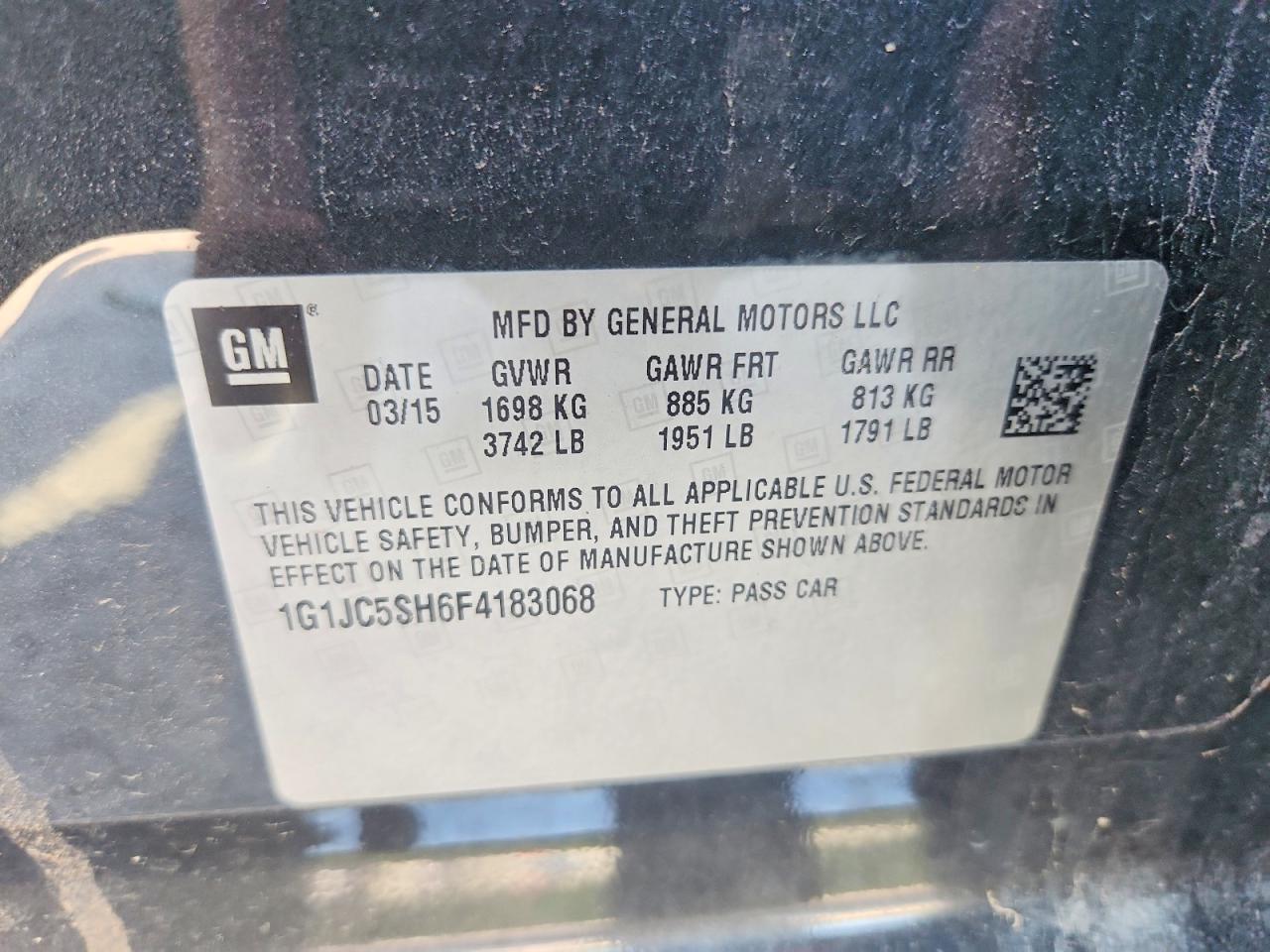 2015 Chevrolet Sonic Lt Угольный vin: 1G1JC5SH6F4183068