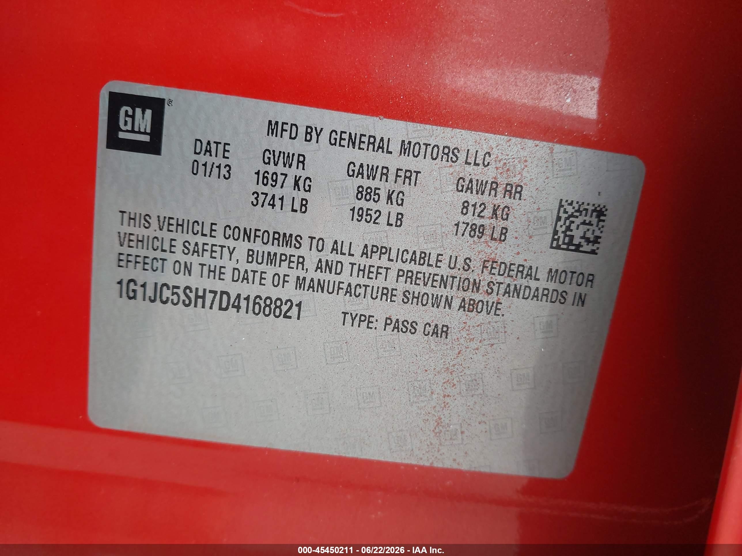 2013 Chevrolet Sonic Lt Auto Orange vin: 1G1JC5SH7D4168821