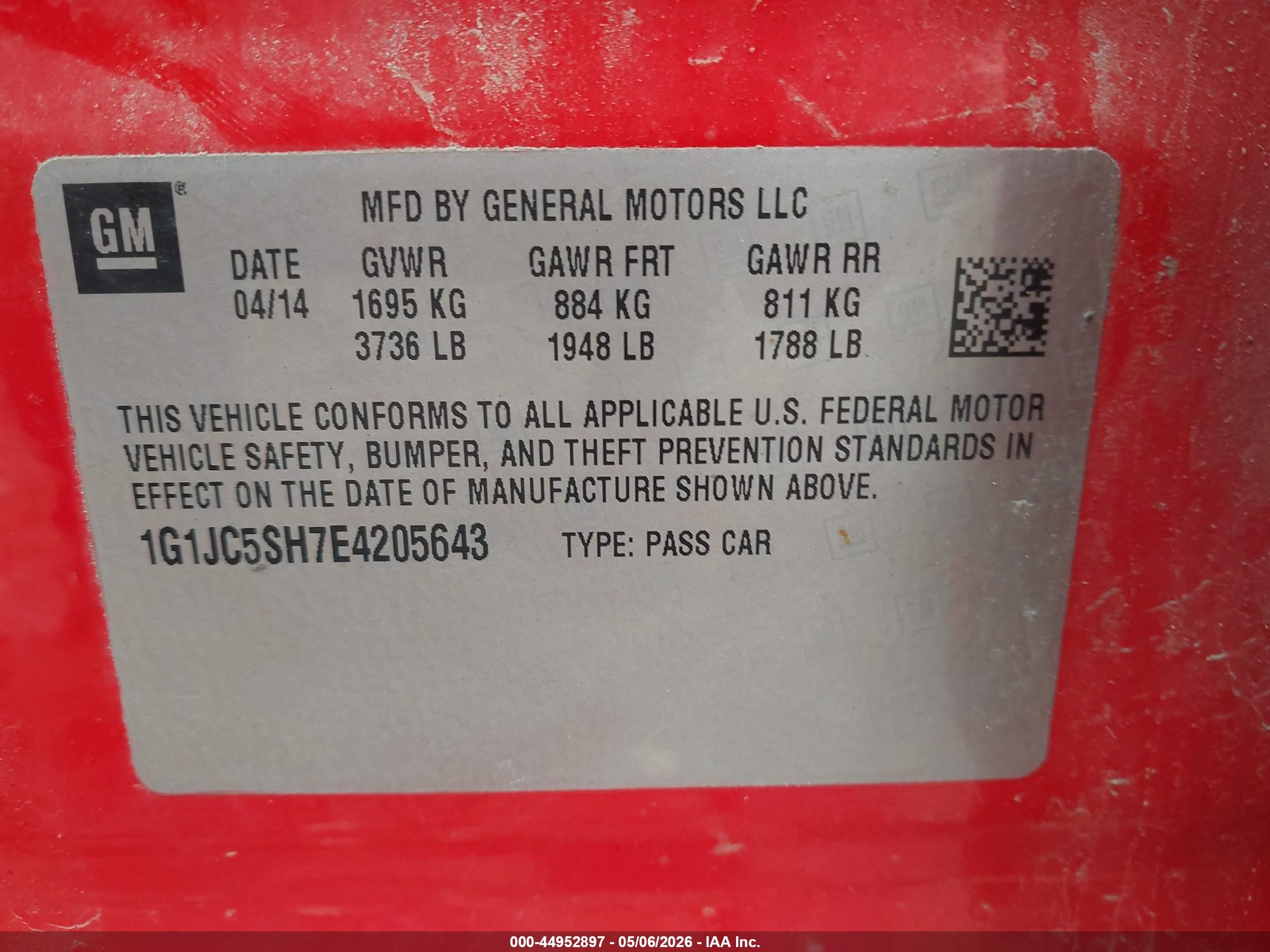 2014 Chevrolet Sonic Lt Auto Red vin: 1G1JC5SH7E4205643