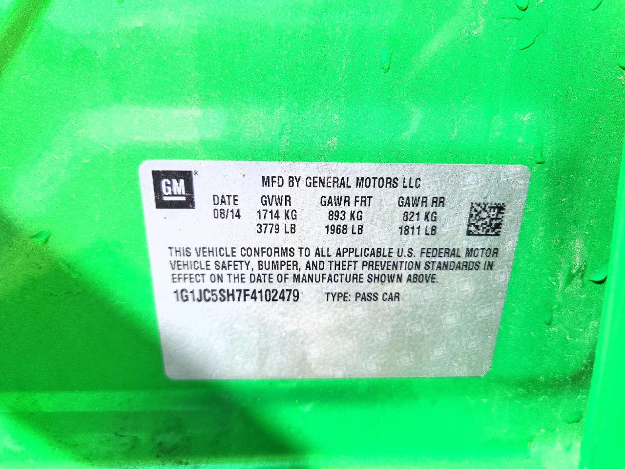 2015 Chevrolet Sonic Lt Green vin: 1G1JC5SH7F4102479