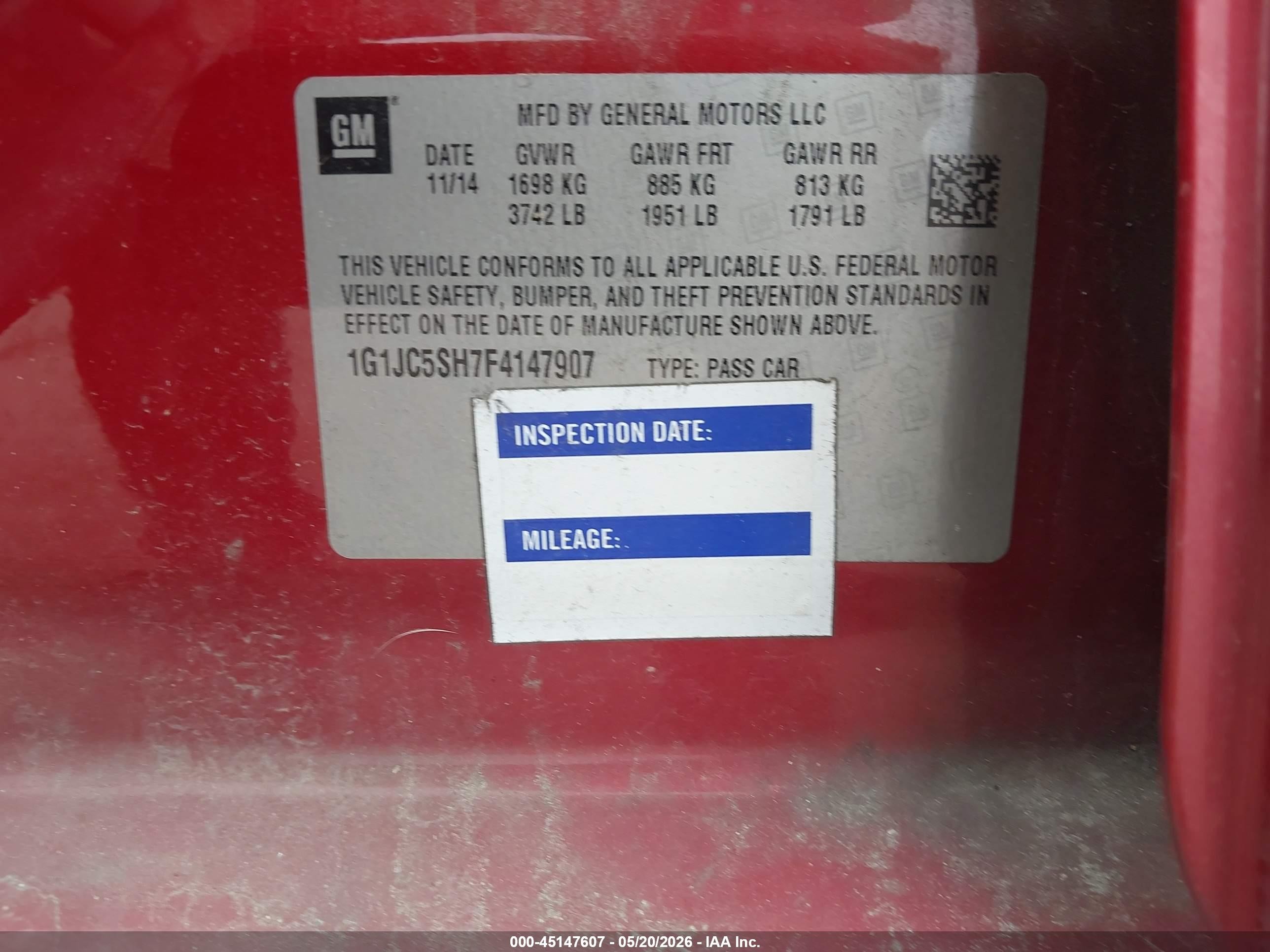 2015 Chevrolet Sonic Lt Auto Red vin: 1G1JC5SH7F4147907