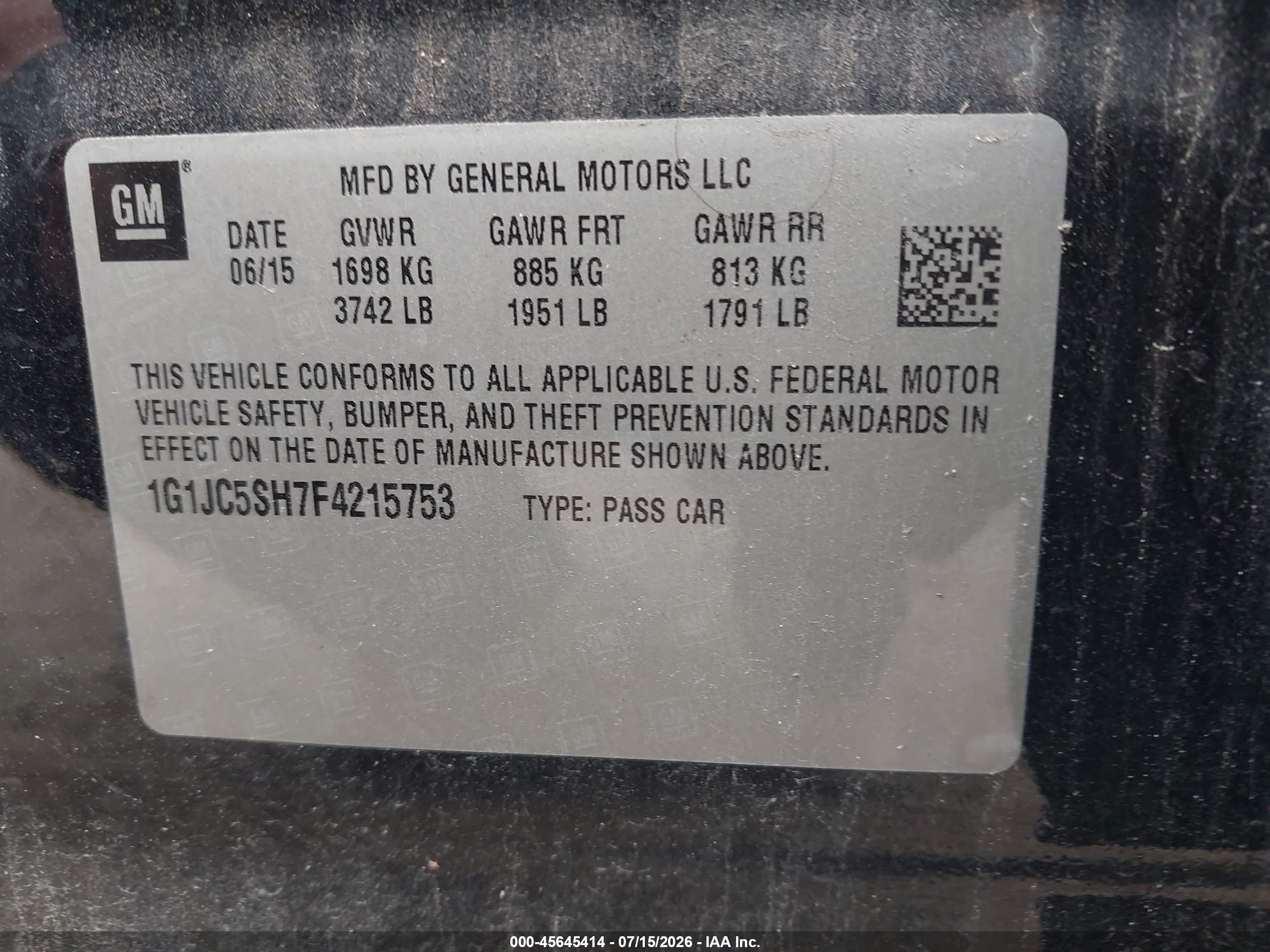 2015 Chevrolet Sonic Lt Auto Black vin: 1G1JC5SH7F4215753