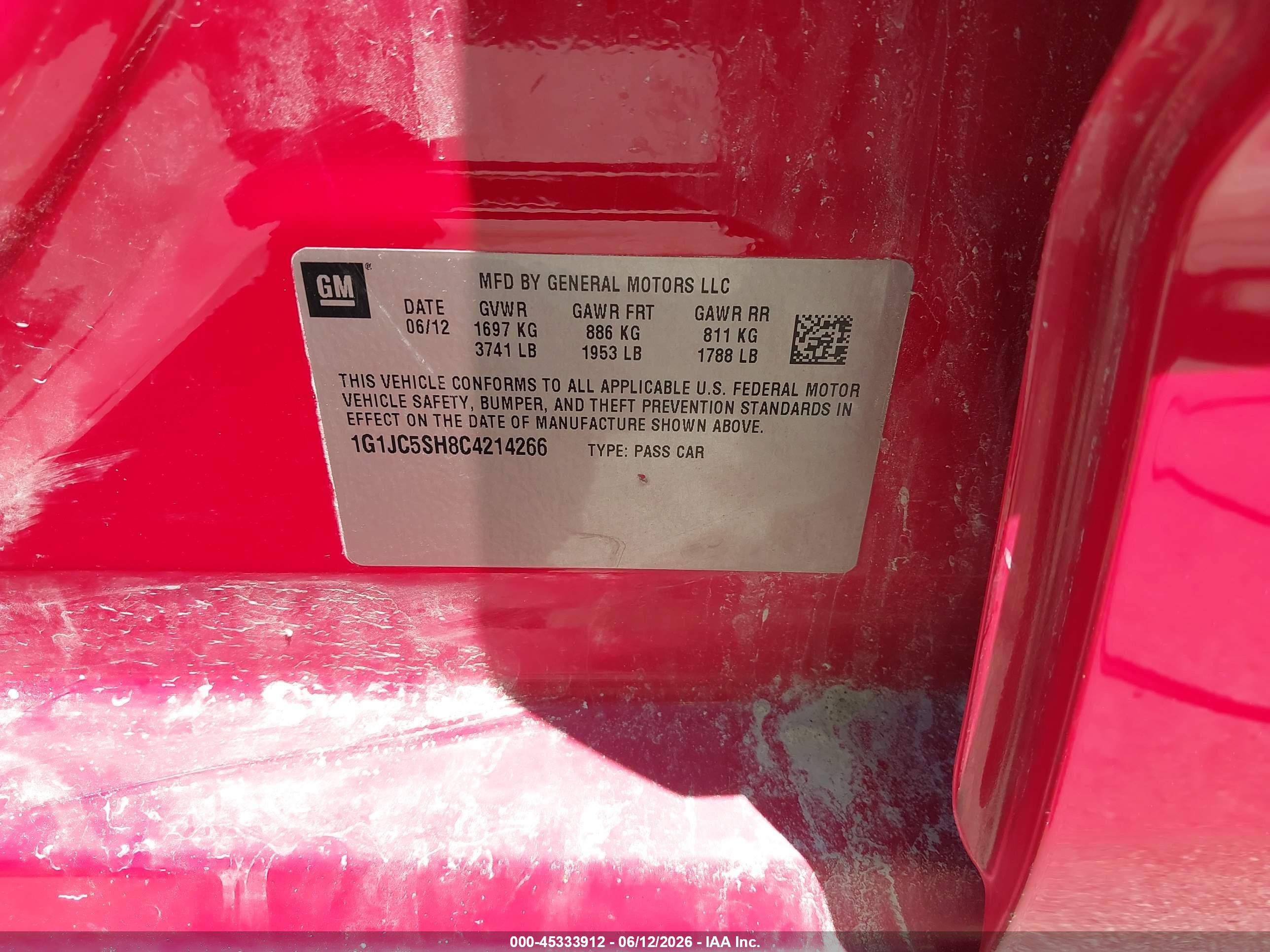 2012 Chevrolet Sonic 2lt Red vin: 1G1JC5SH8C4214266