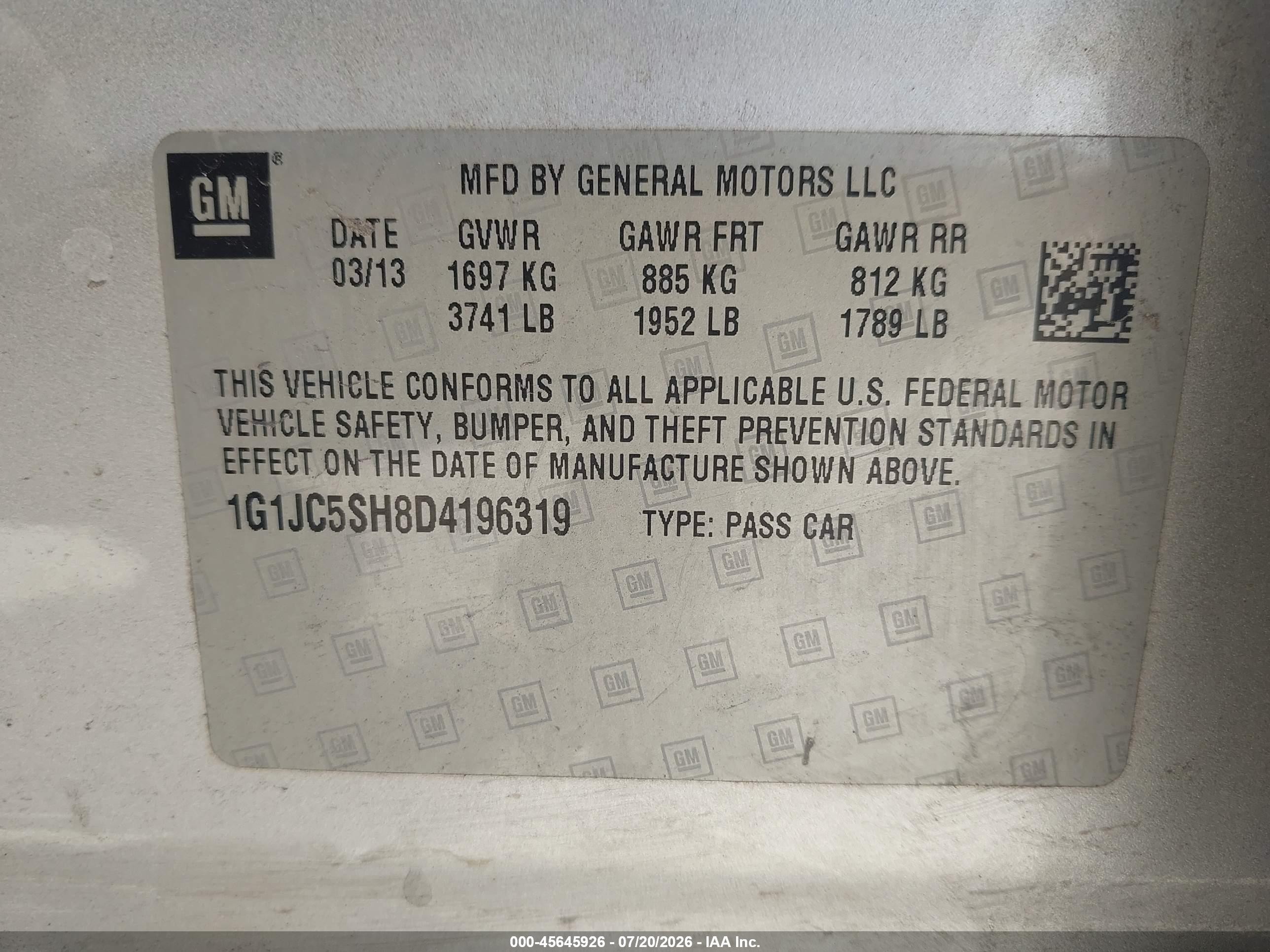 2013 Chevrolet Sonic Lt Auto Серебряный vin: 1G1JC5SH8D4196319