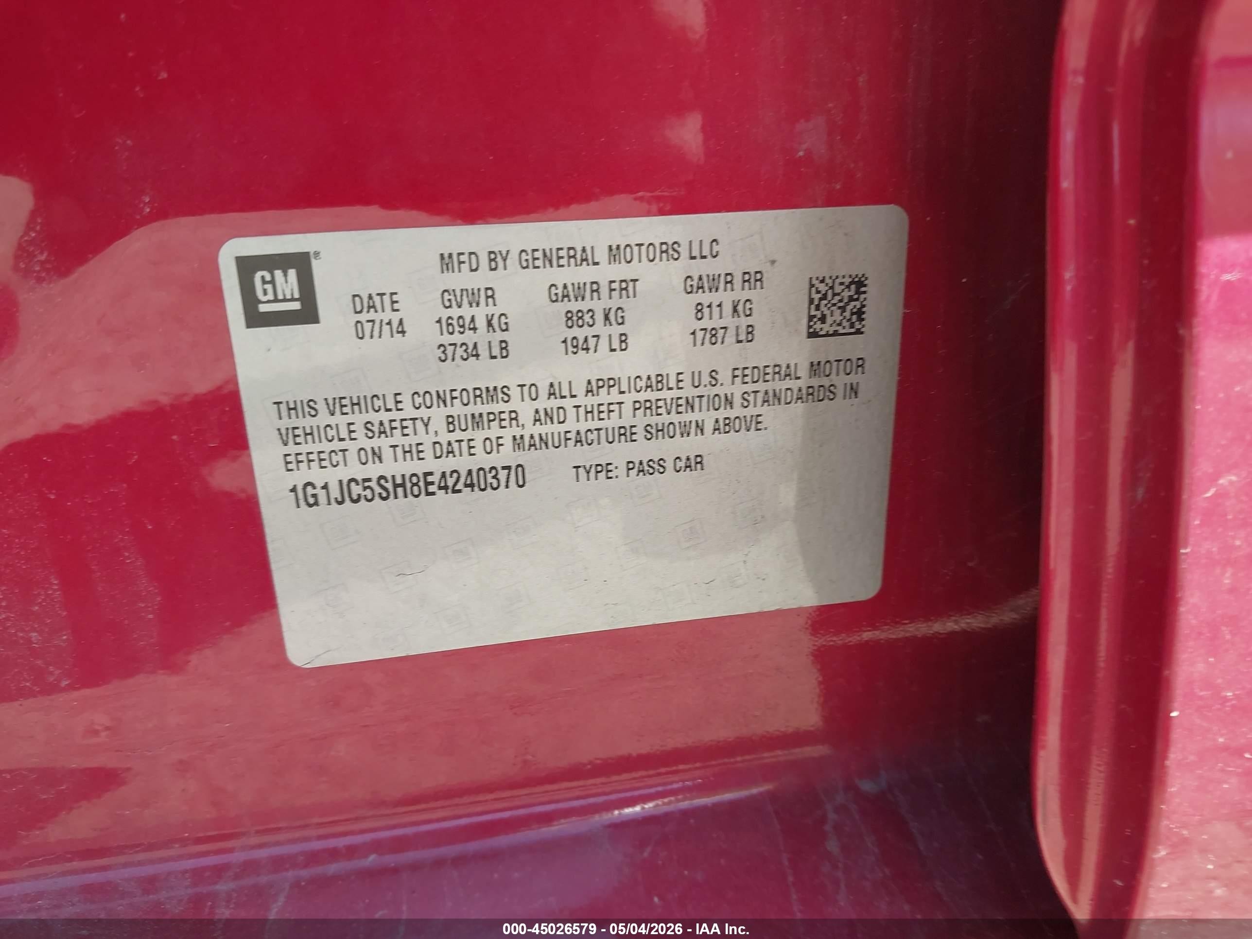 2014 Chevrolet Sonic Lt Auto Red vin: 1G1JC5SH8E4240370