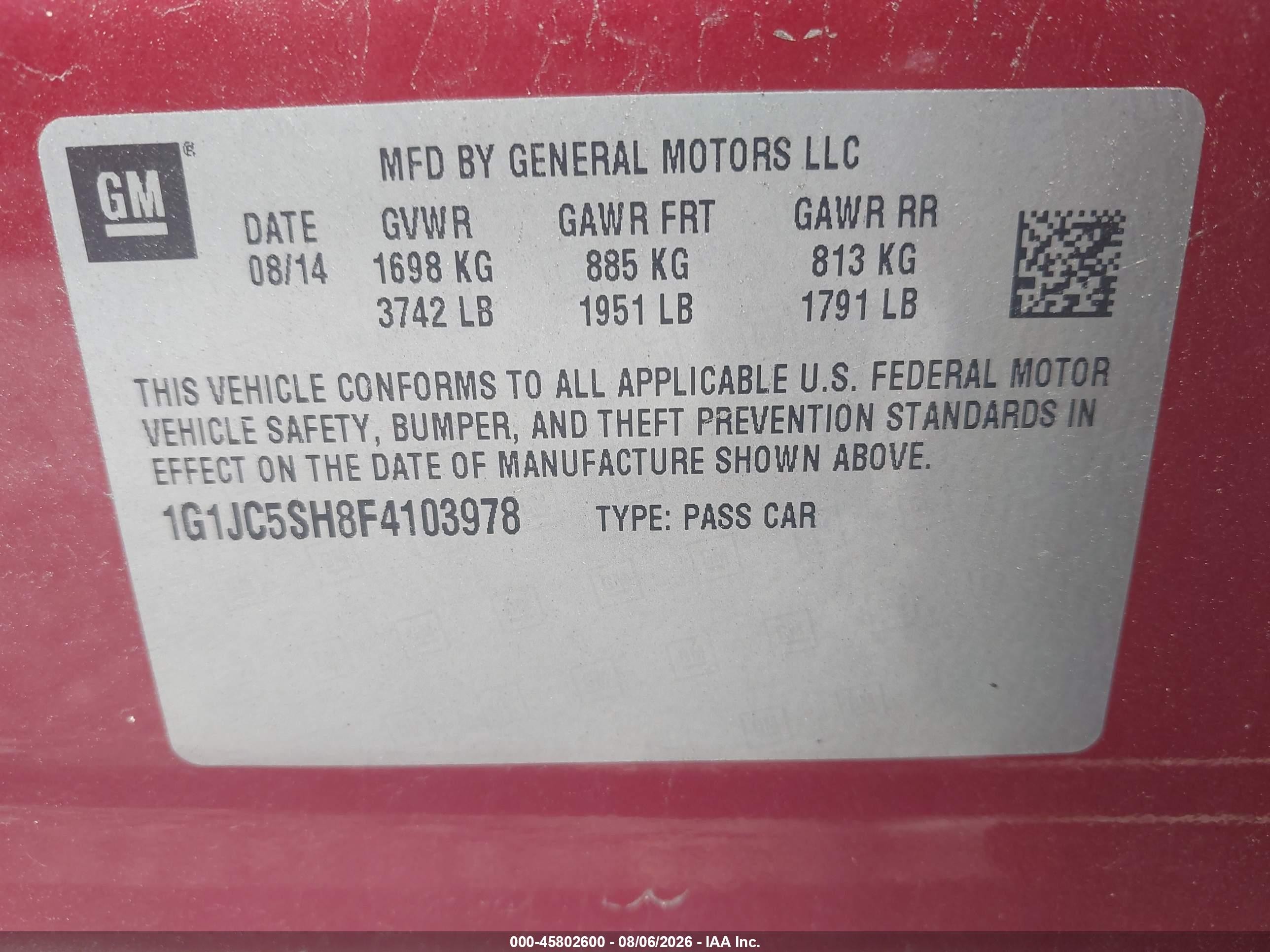 2015 Chevrolet Sonic Lt Auto Красный vin: 1G1JC5SH8F4103978