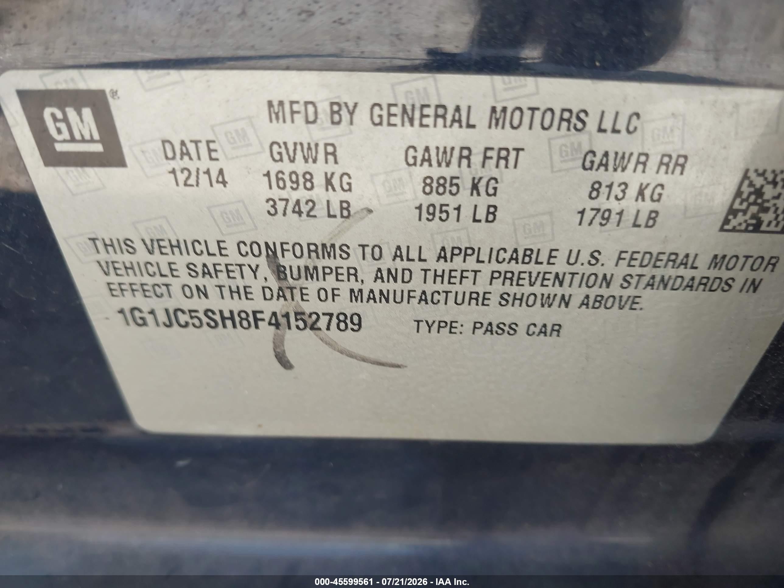 2015 Chevrolet Sonic Lt Auto Blue vin: 1G1JC5SH8F4152789