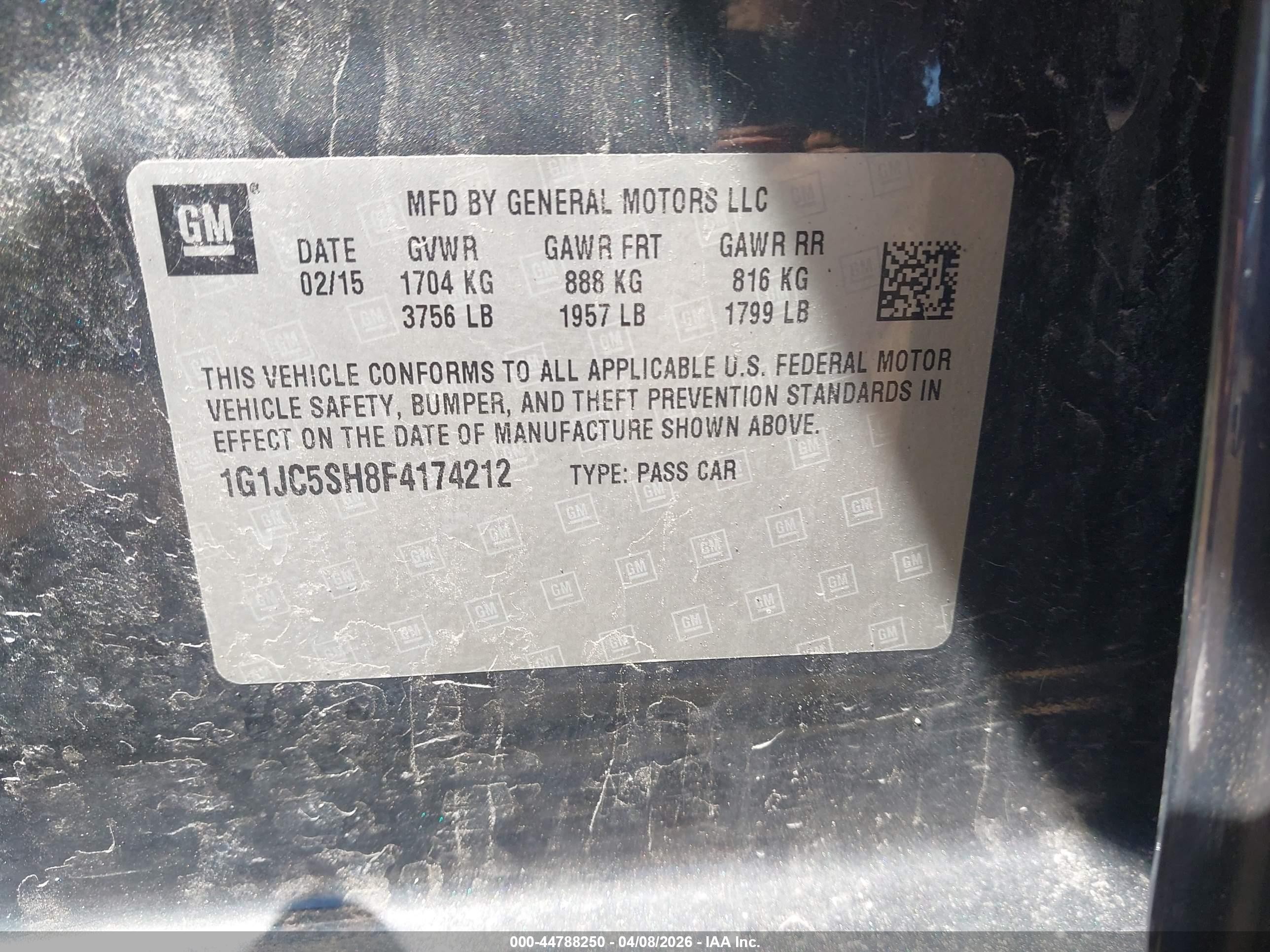 2015 Chevrolet Sonic Lt Auto Black vin: 1G1JC5SH8F4174212