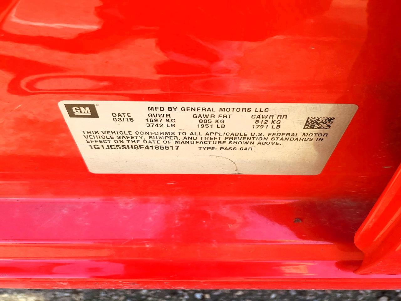 2015 Chevrolet Sonic Lt Red vin: 1G1JC5SH8F4185517