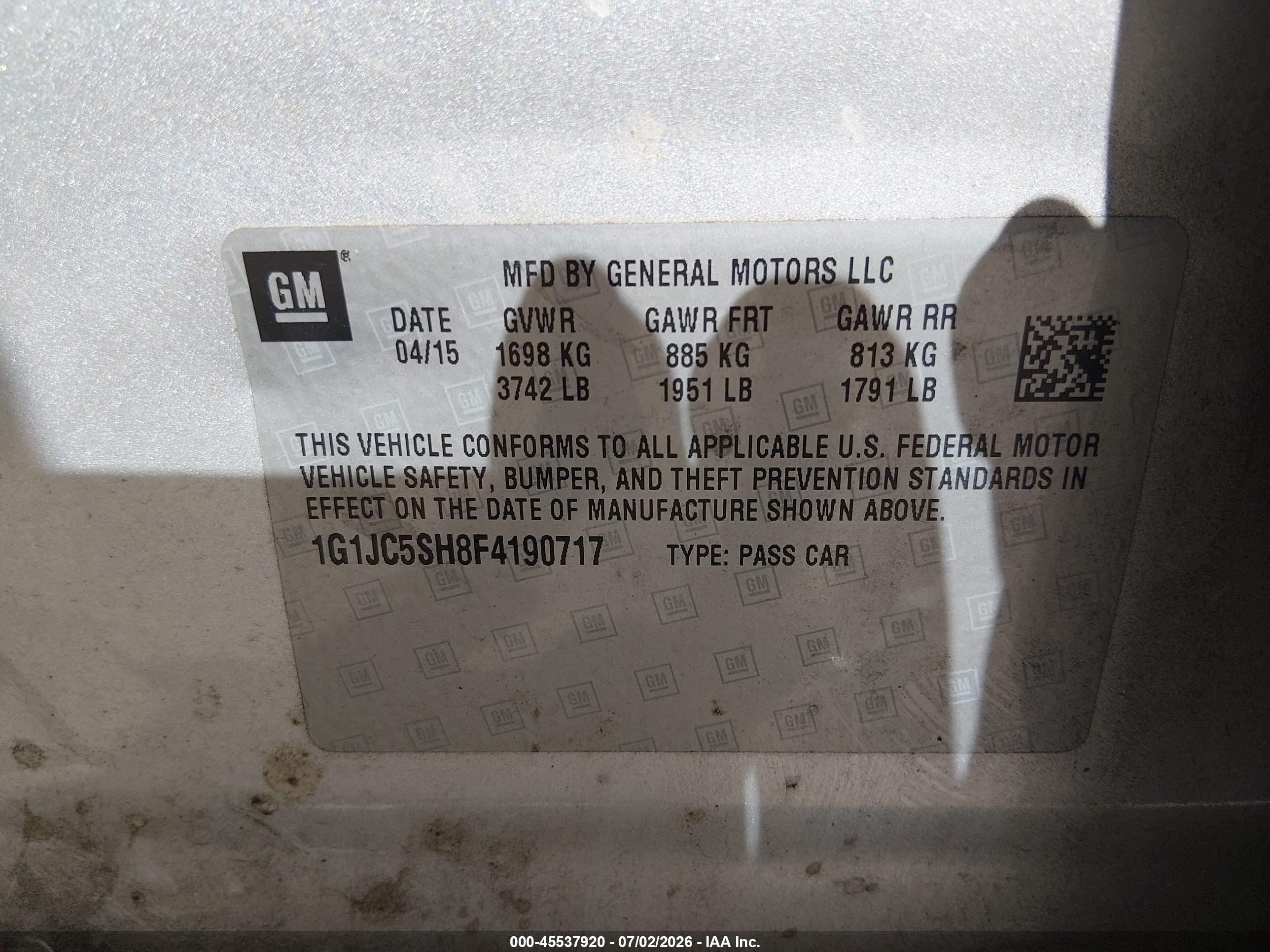 2015 Chevrolet Sonic Lt Auto Silver vin: 1G1JC5SH8F4190717