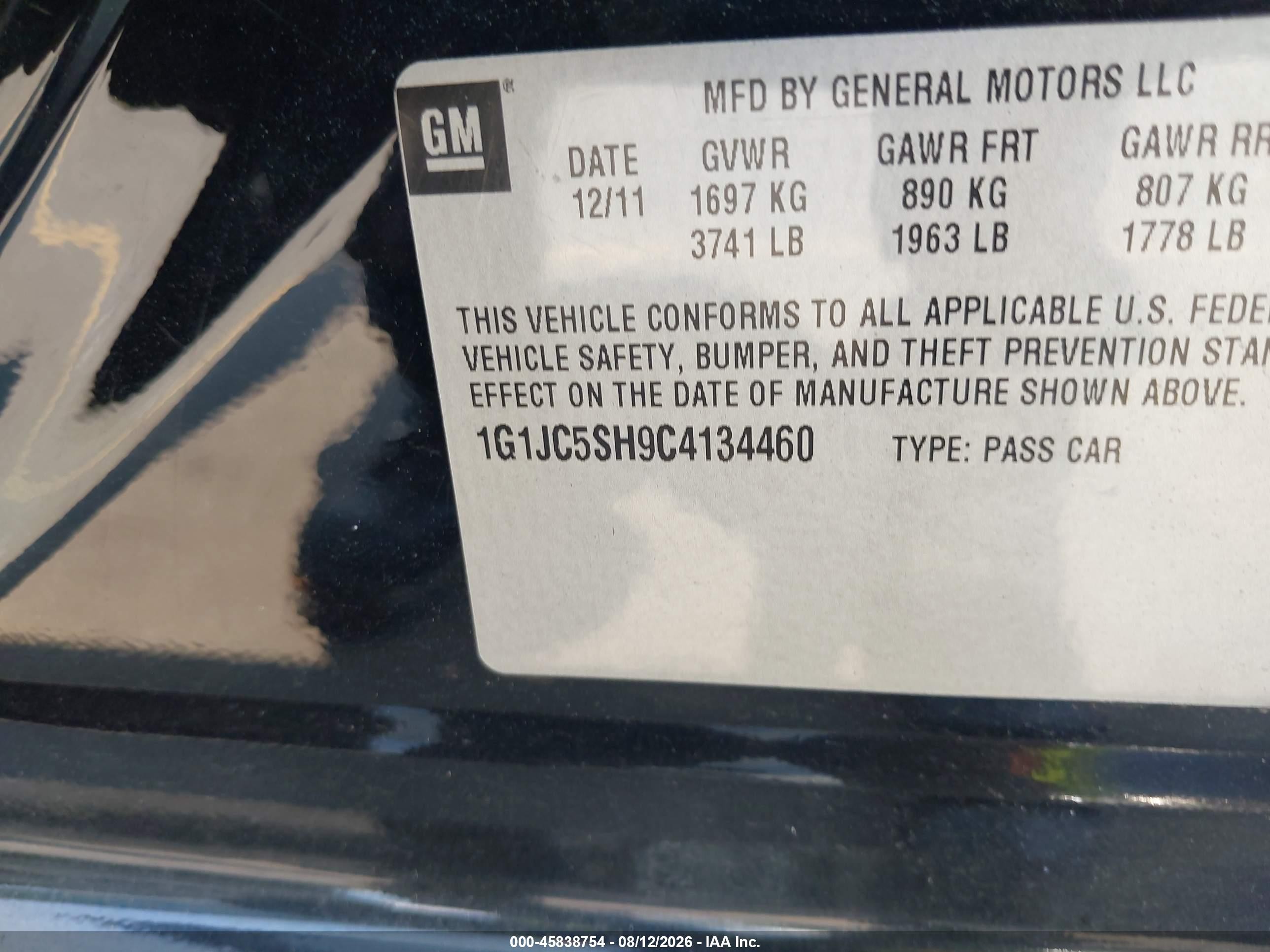 2012 Chevrolet Sonic 2lt Black vin: 1G1JC5SH9C4134460