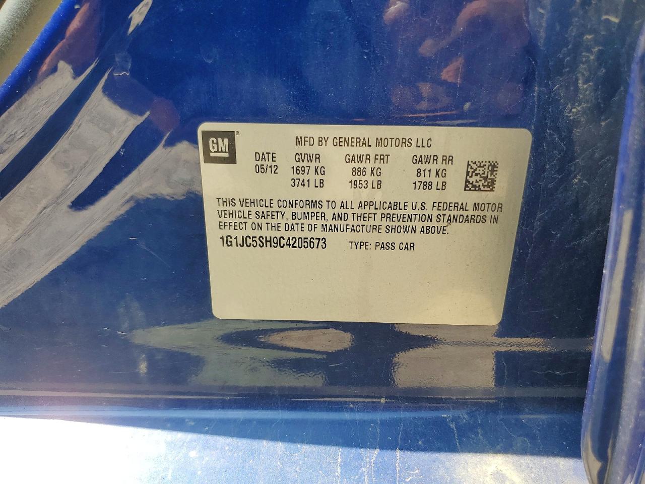 2012 Chevrolet Sonic Lt Blue vin: 1G1JC5SH9C4205673