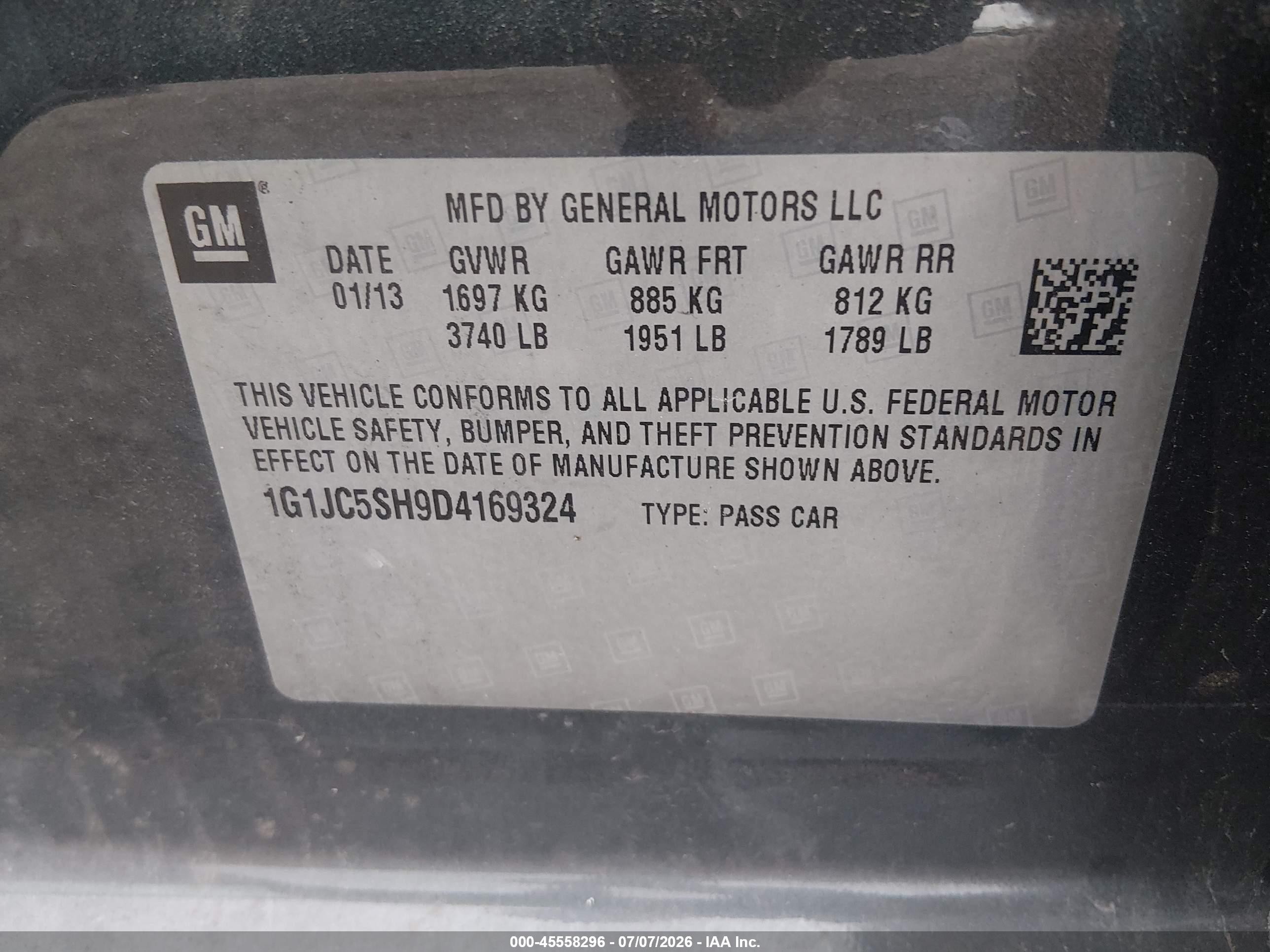 2013 Chevrolet Sonic Lt Auto Blue vin: 1G1JC5SH9D4169324