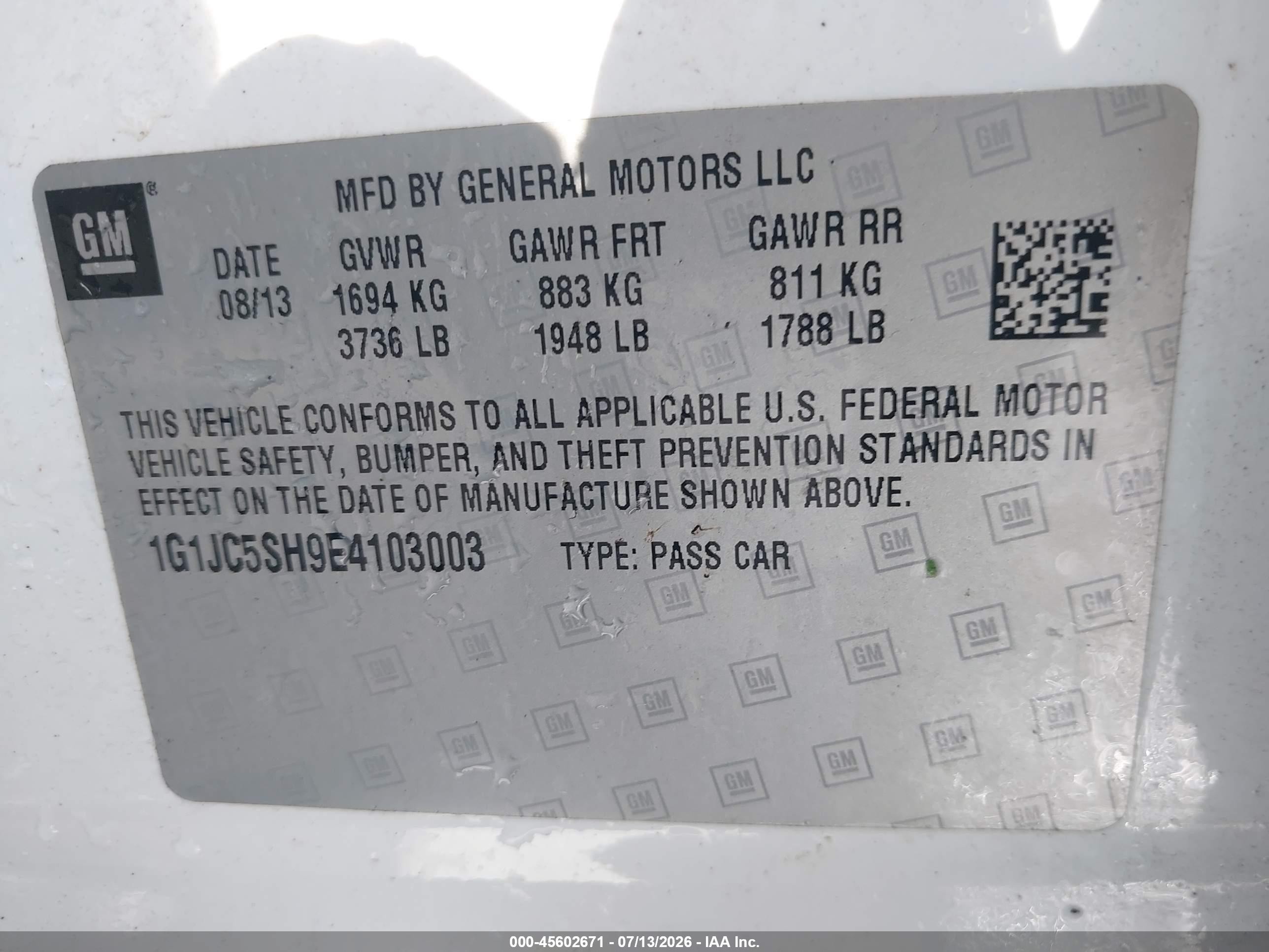 2014 Chevrolet Sonic Lt Auto Белый vin: 1G1JC5SH9E4103003