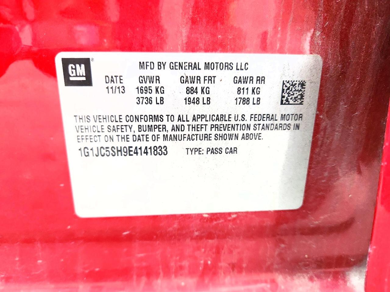 2014 Chevrolet Sonic Lt Red vin: 1G1JC5SH9E4141833