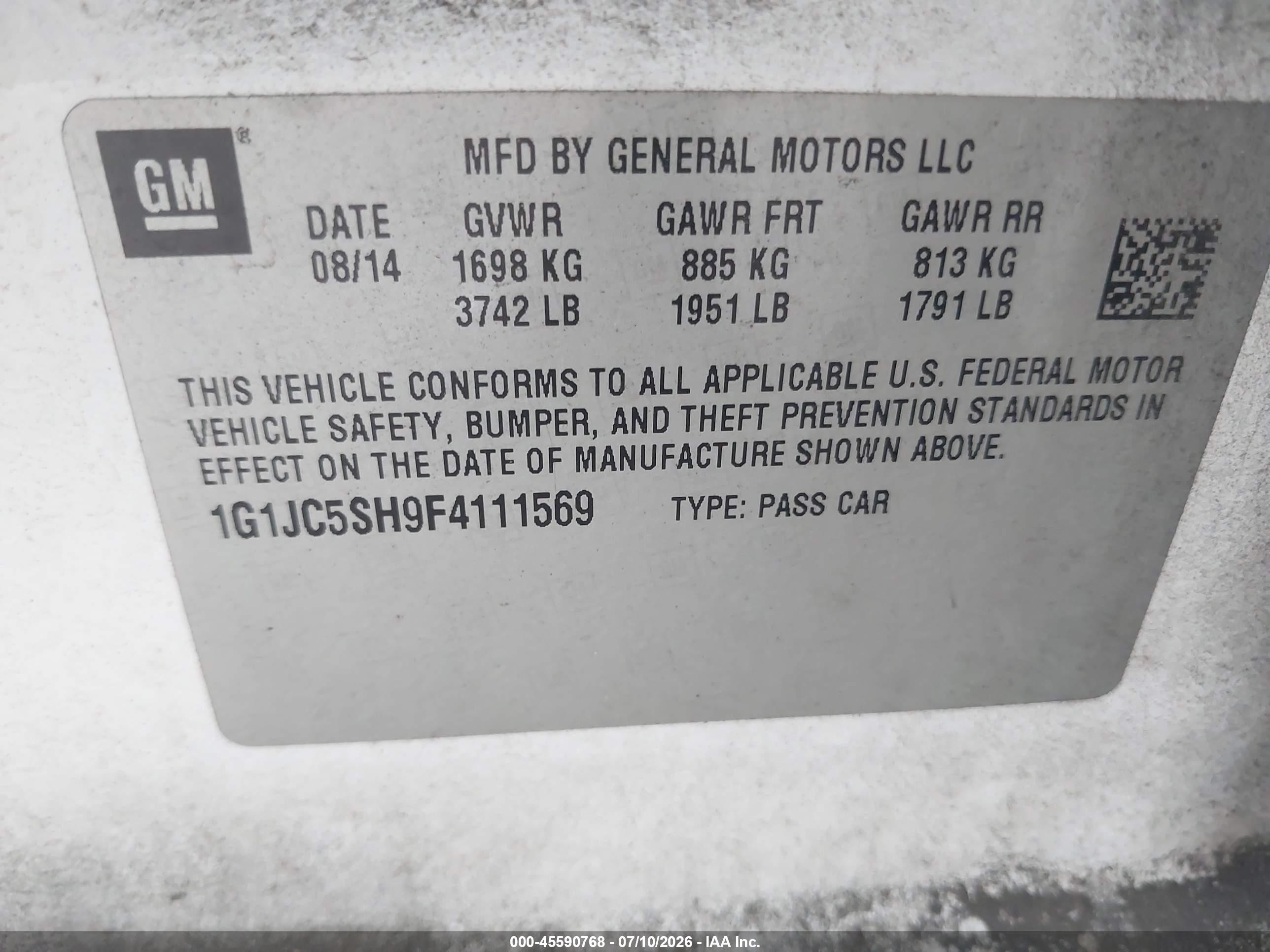 2015 Chevrolet Sonic Lt Auto White vin: 1G1JC5SH9F4111569