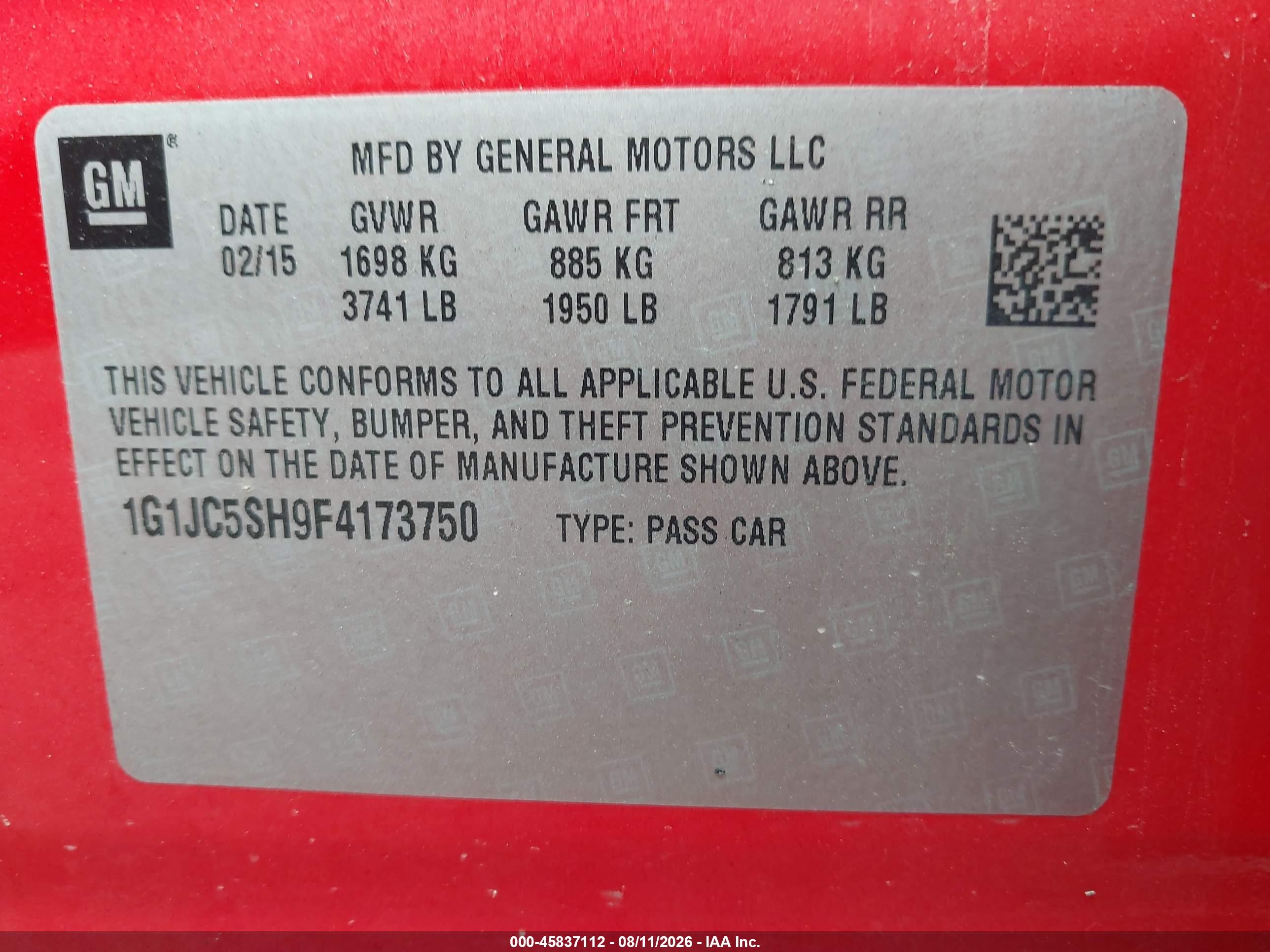 2015 Chevrolet Sonic Lt Auto Красный vin: 1G1JC5SH9F4173750