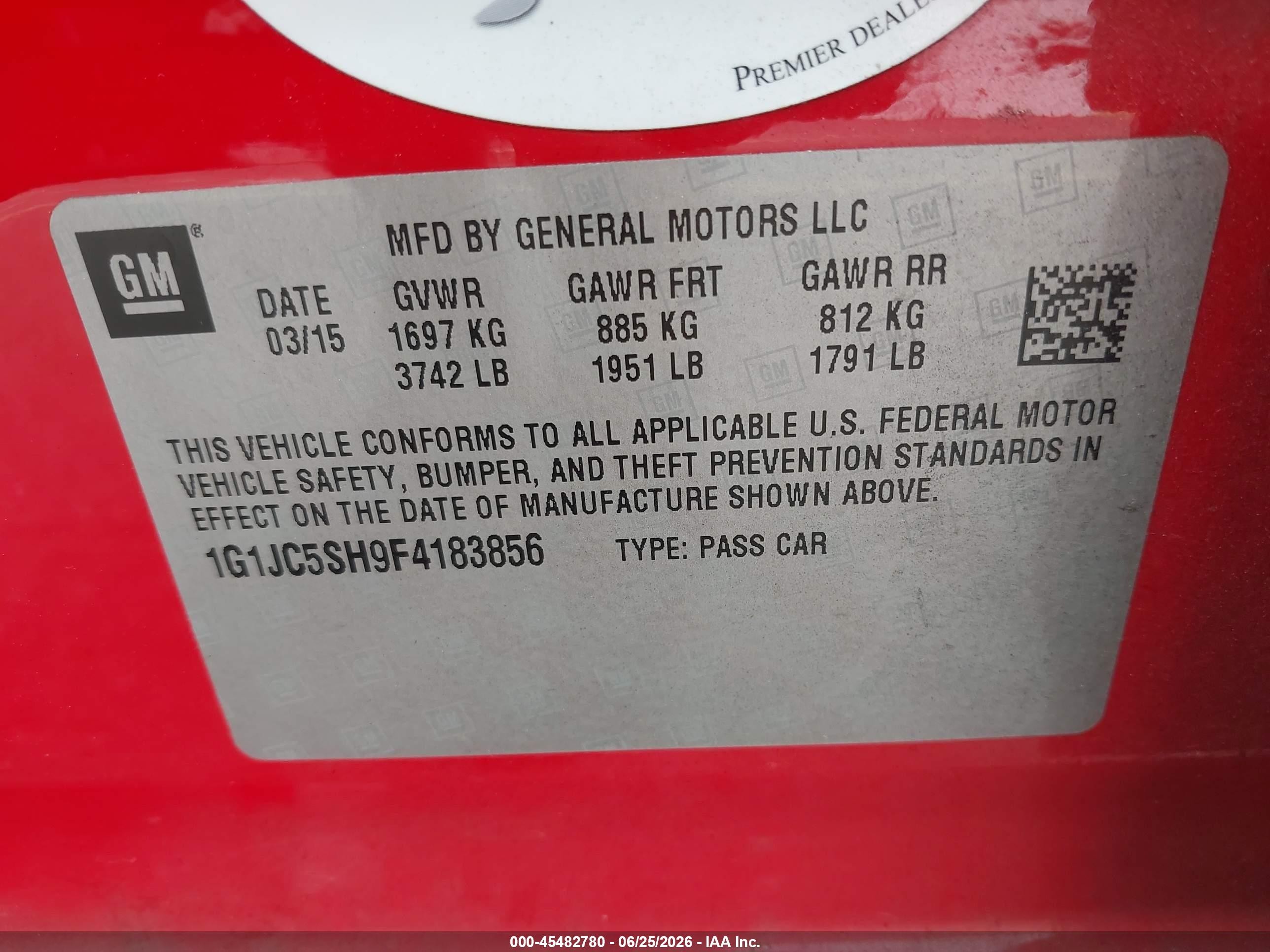 2015 Chevrolet Sonic Lt Auto Red vin: 1G1JC5SH9F4183856