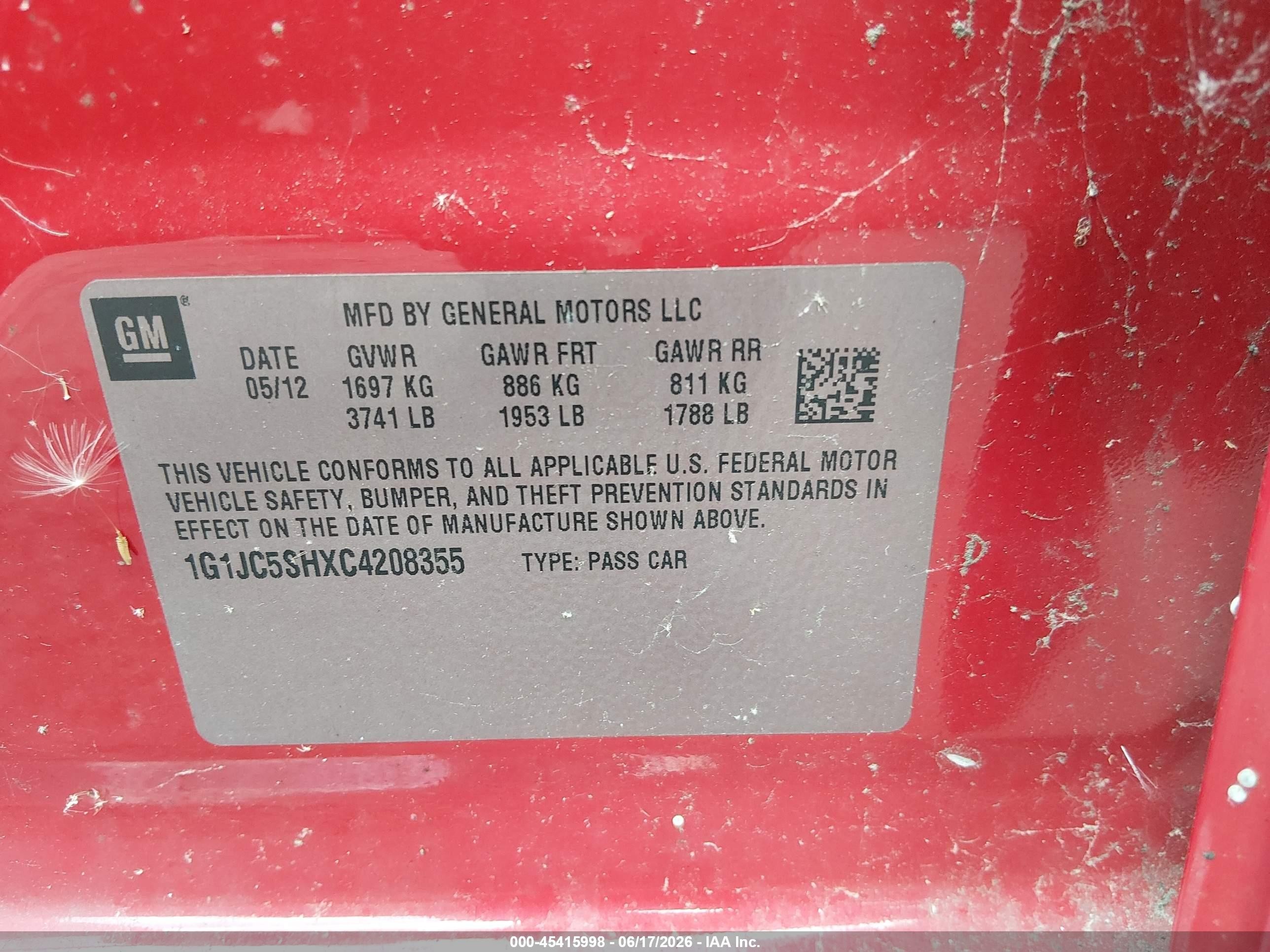 2012 Chevrolet Sonic 2lt Red vin: 1G1JC5SHXC4208355