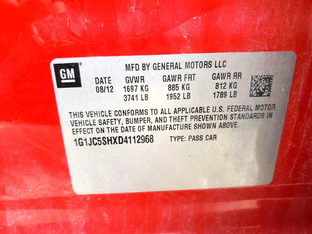 2013 Chevrolet Sonic Lt Red vin: 1G1JC5SHXD4112968