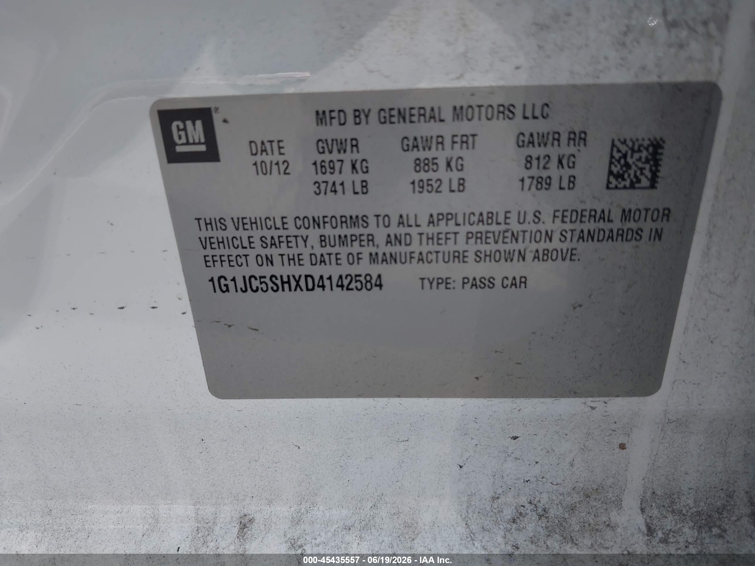 2013 Chevrolet Sonic Lt Auto Белый vin: 1G1JC5SHXD4142584