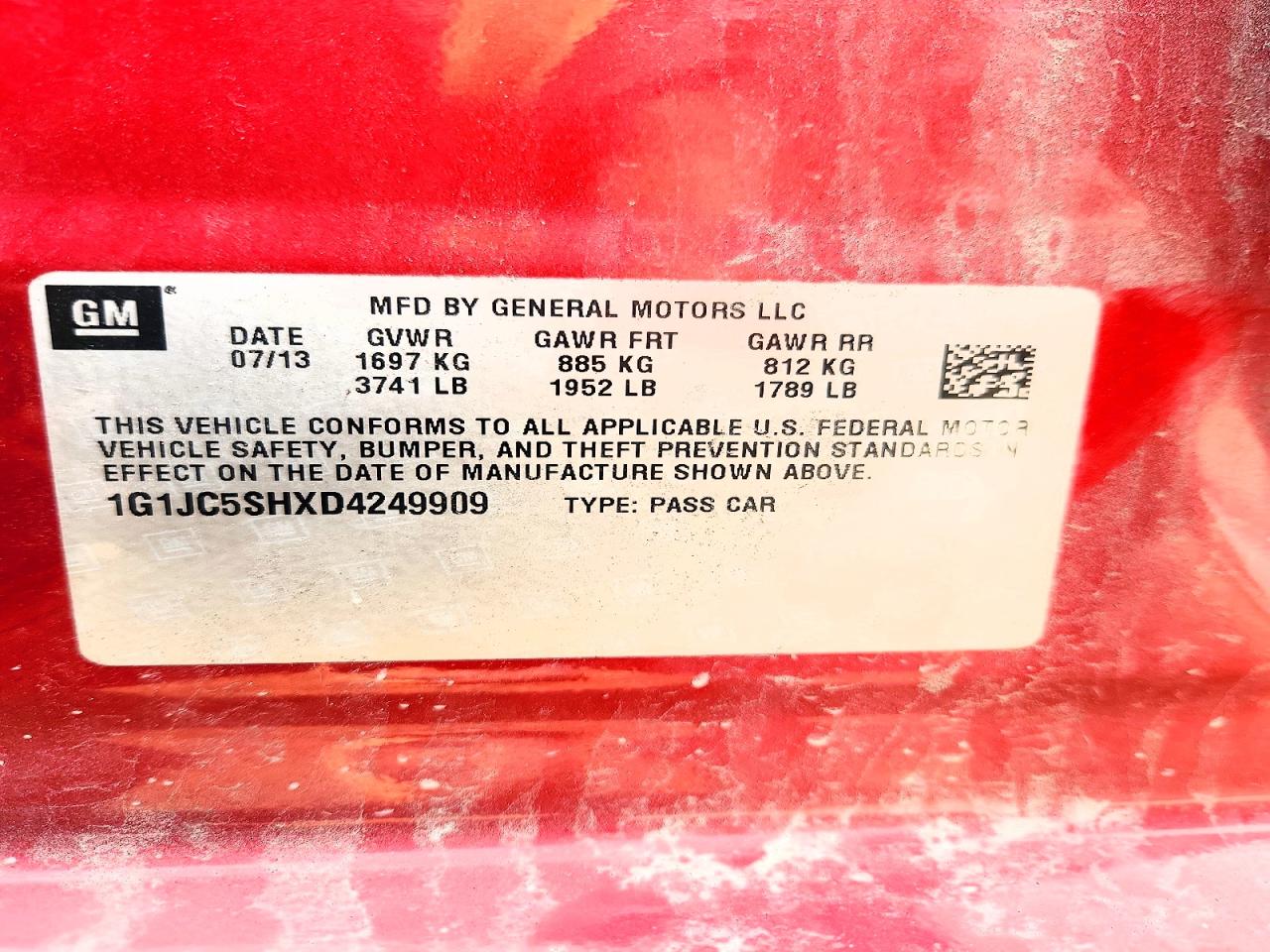 2013 Chevrolet Sonic Lt Red vin: 1G1JC5SHXD4249909