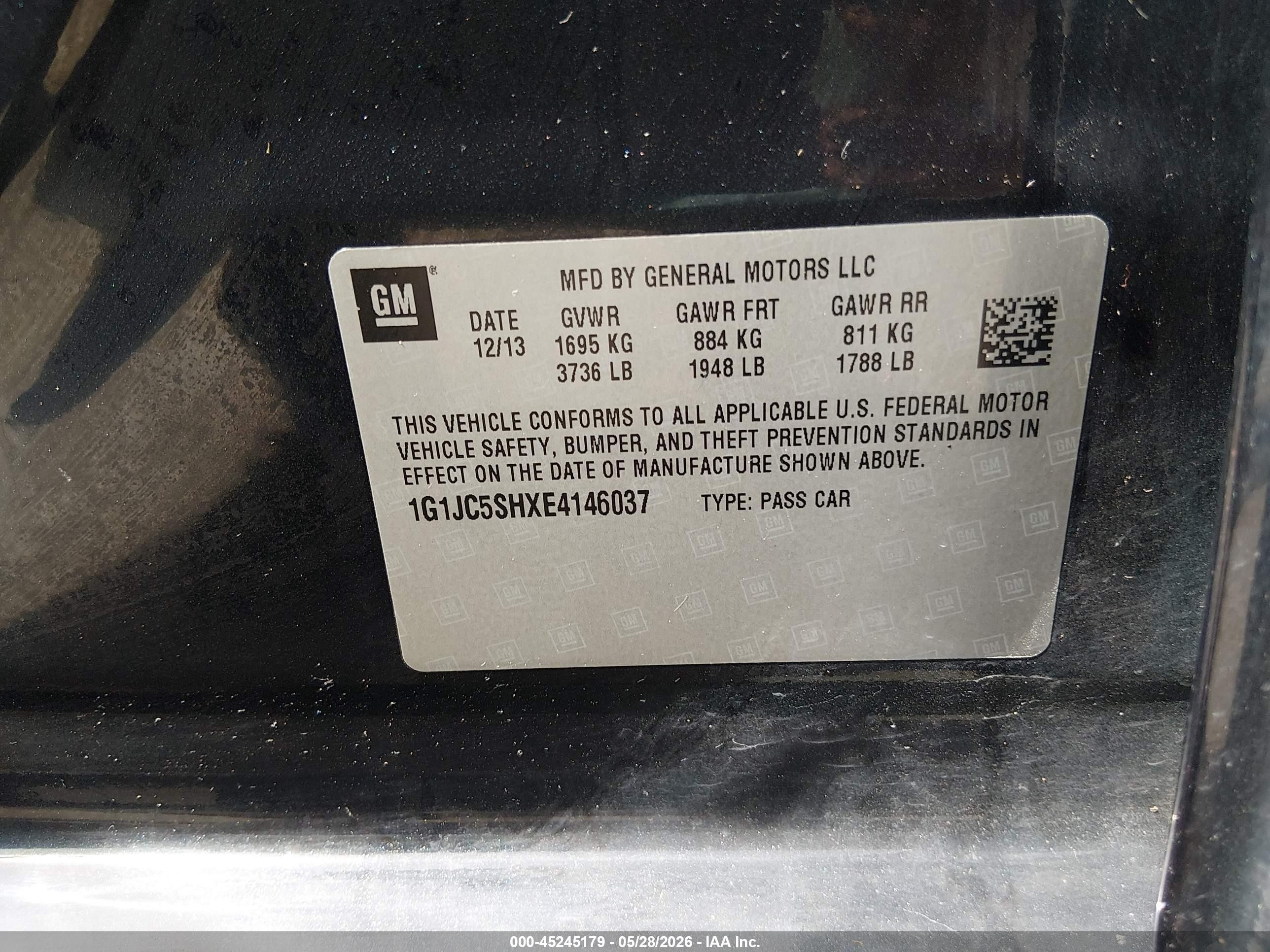 2014 Chevrolet Sonic Lt Auto Black vin: 1G1JC5SHXE4146037