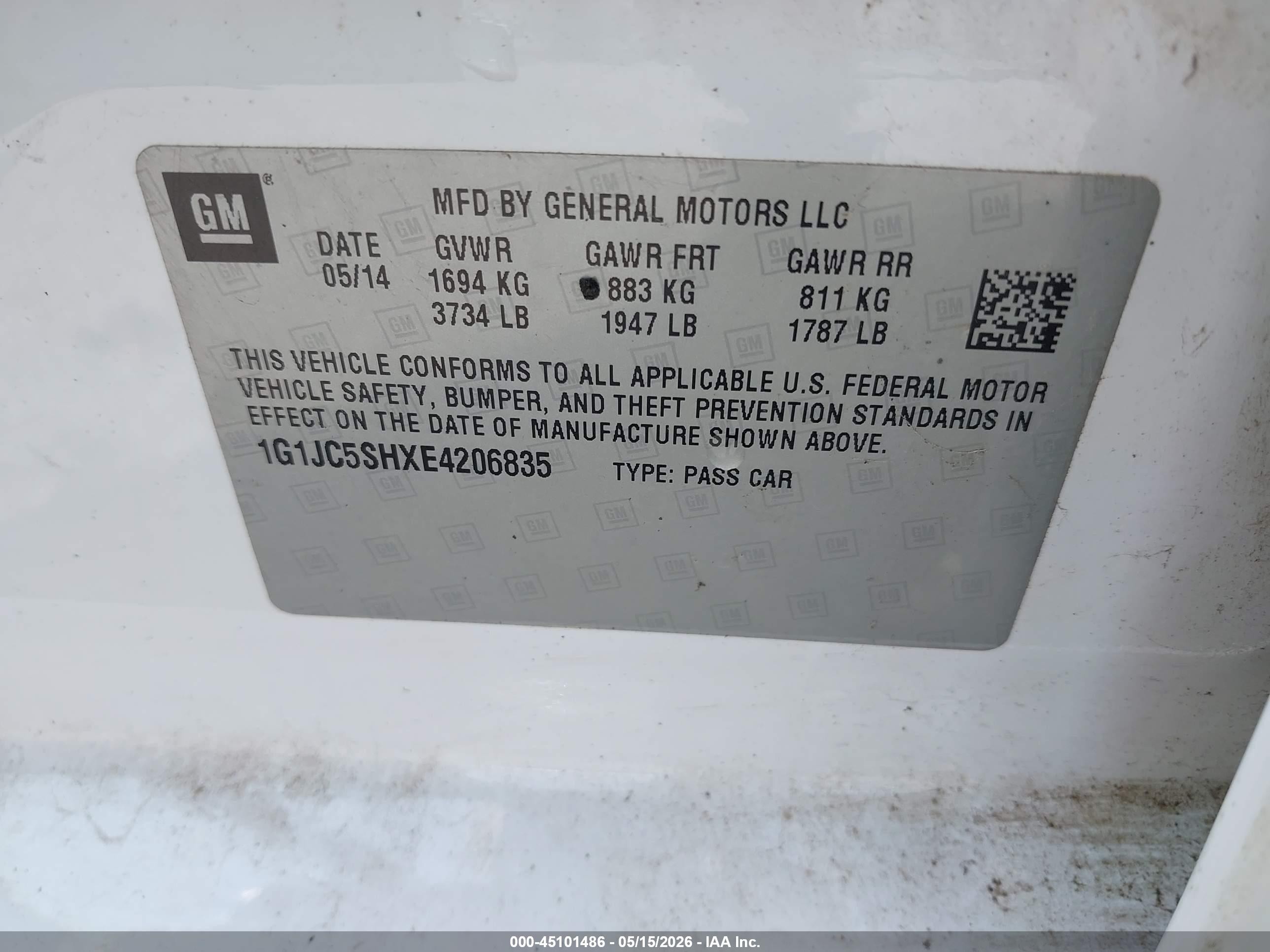 2014 Chevrolet Sonic Lt Auto Белый vin: 1G1JC5SHXE4206835