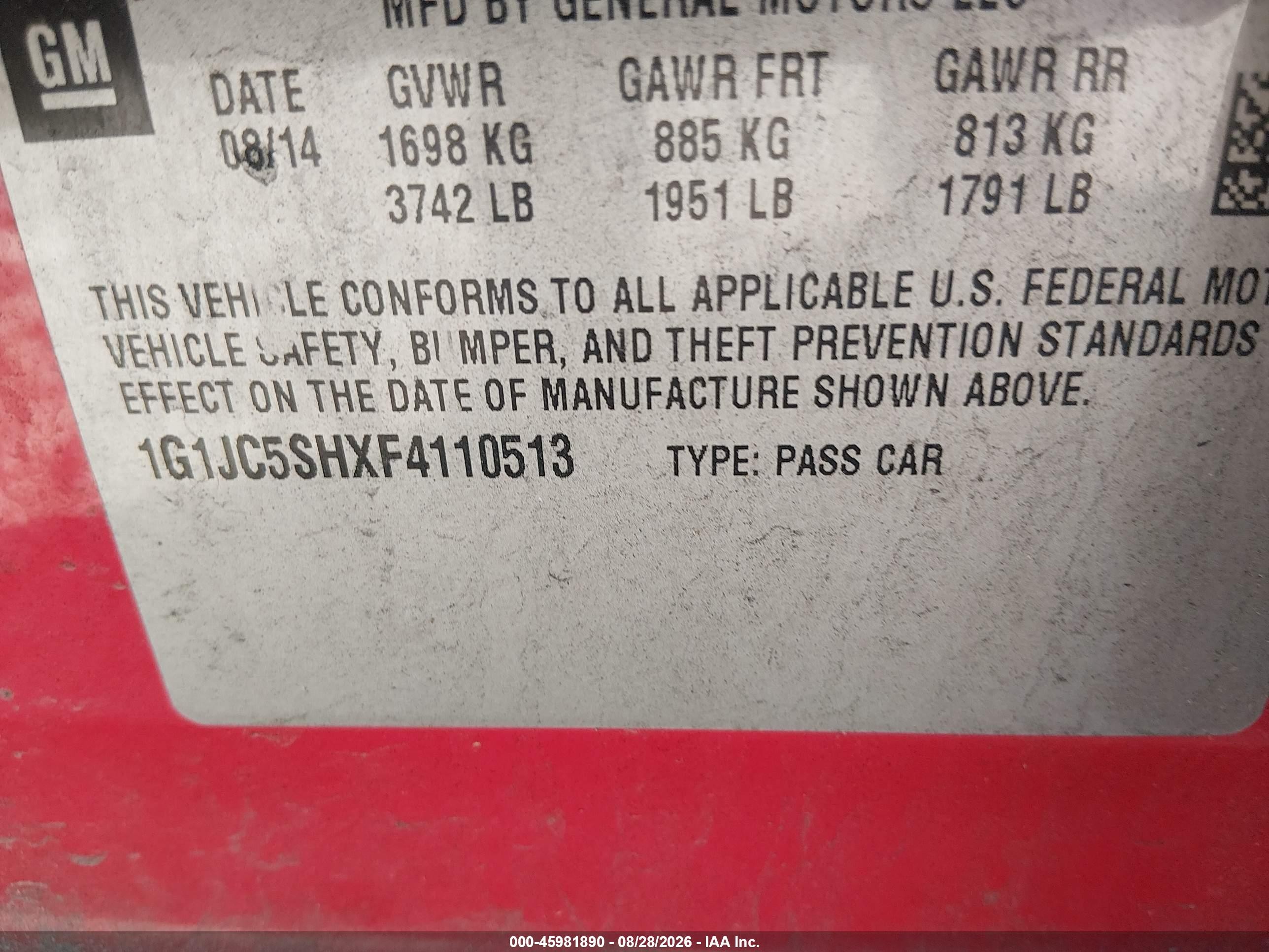 2015 Chevrolet Sonic Lt Auto Red vin: 1G1JC5SHXF4110513
