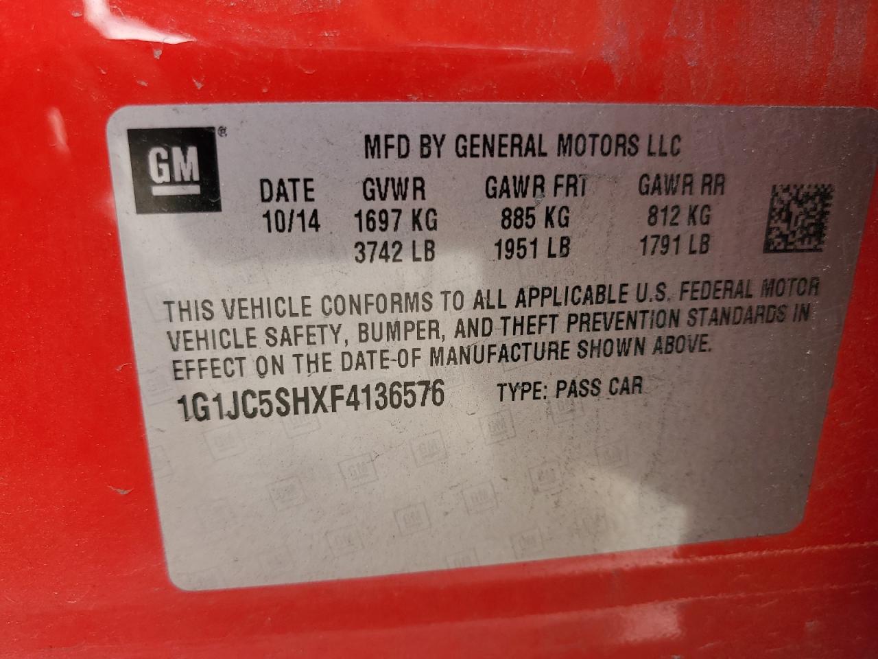 2015 Chevrolet Sonic Lt Red vin: 1G1JC5SHXF4136576
