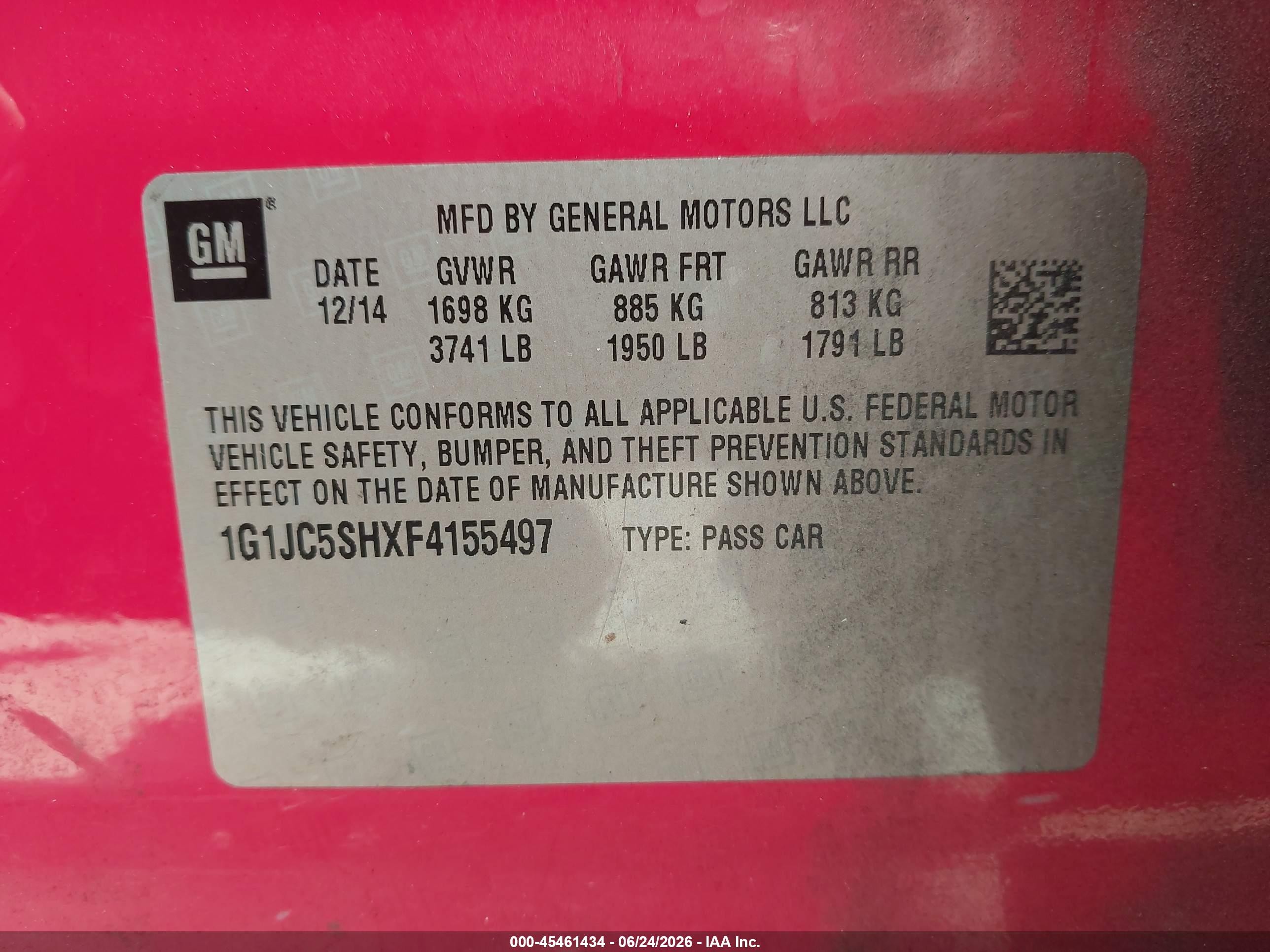 2015 Chevrolet Sonic Lt Auto Red vin: 1G1JC5SHXF4155497