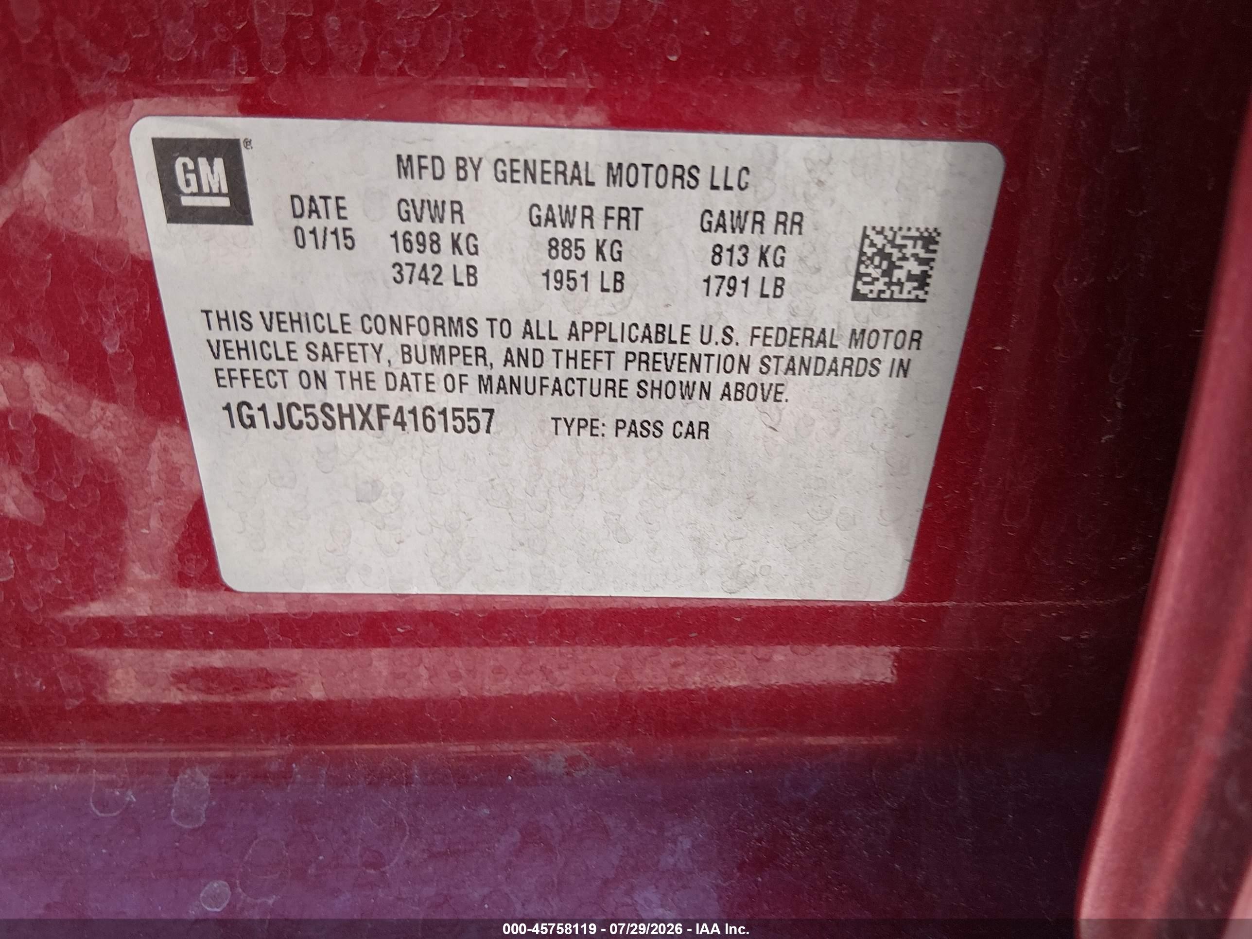 2015 Chevrolet Sonic Lt Auto Red vin: 1G1JC5SHXF4161557