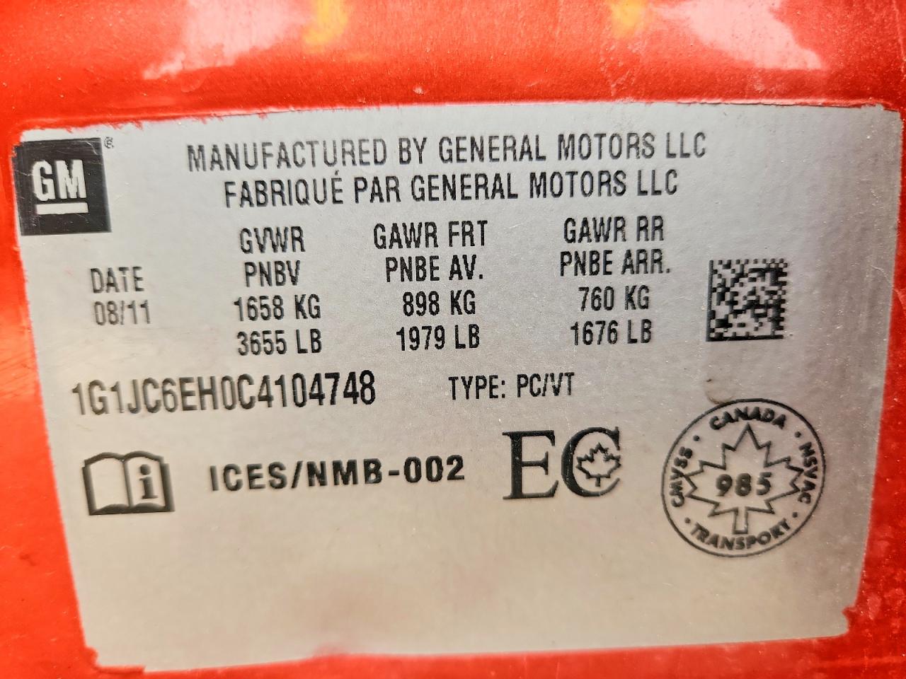 2012 Chevrolet Sonic Lt Orange vin: 1G1JC6EH0C4104748
