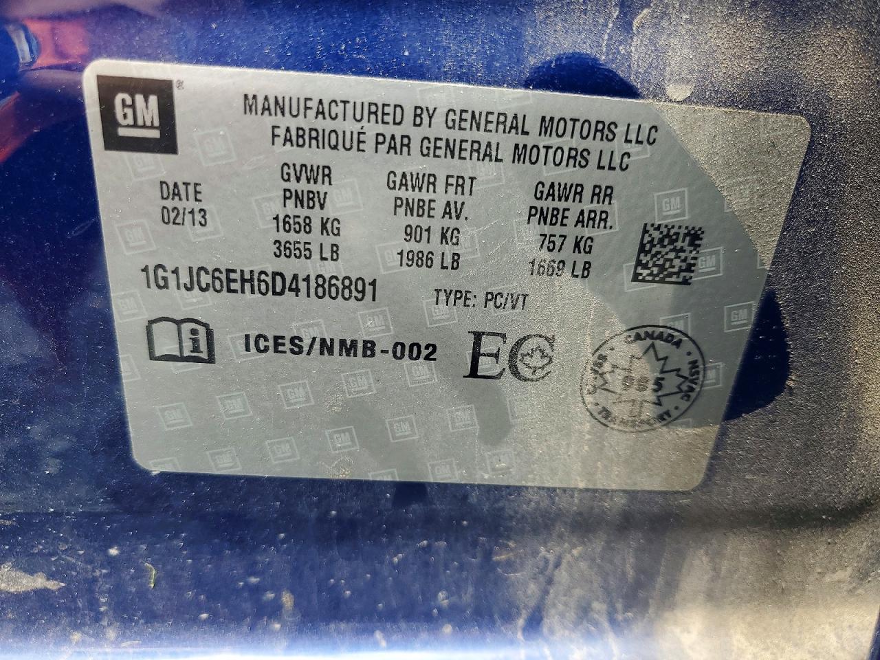 2013 Chevrolet Sonic Lt Blue vin: 1G1JC6EH6D4186891