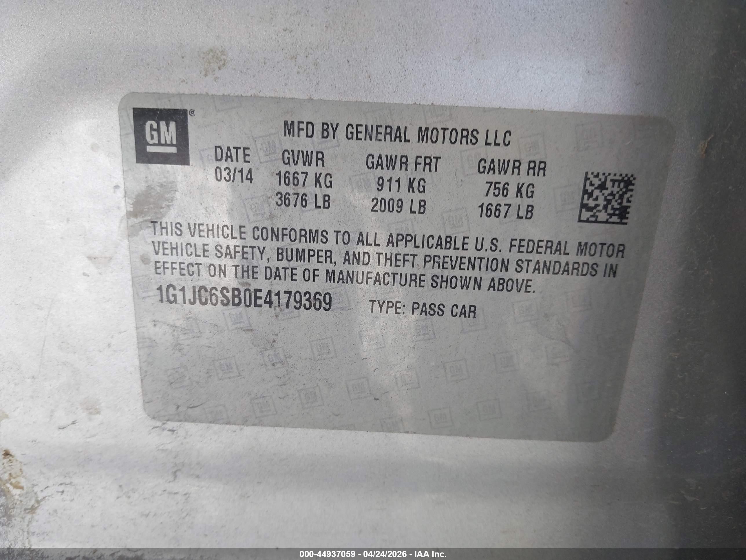 2014 Chevrolet Sonic Lt Auto Серебряный vin: 1G1JC6SB0E4179369