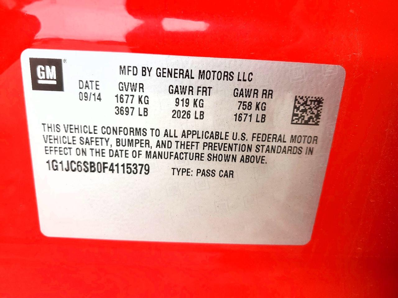 2015 Chevrolet Sonic Lt Red vin: 1G1JC6SB0F4115379