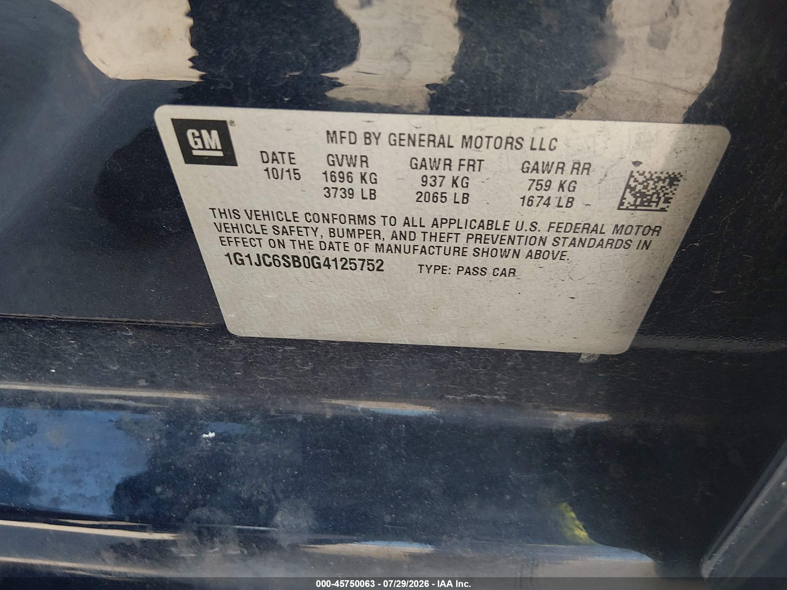 2016 Chevrolet Sonic Lt Auto Blue vin: 1G1JC6SB0G4125752