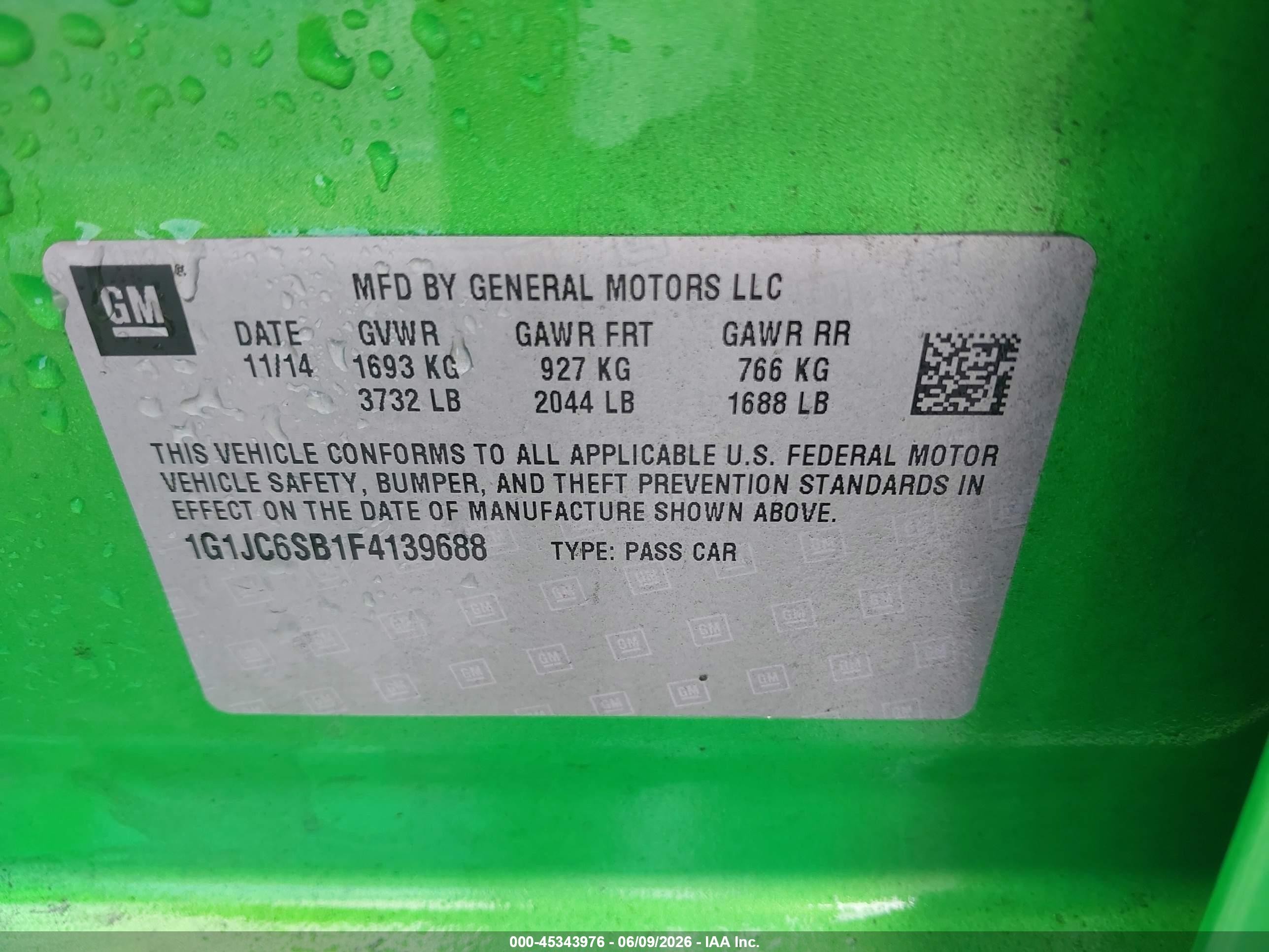 2015 Chevrolet Sonic Lt Auto Green vin: 1G1JC6SB1F4139688