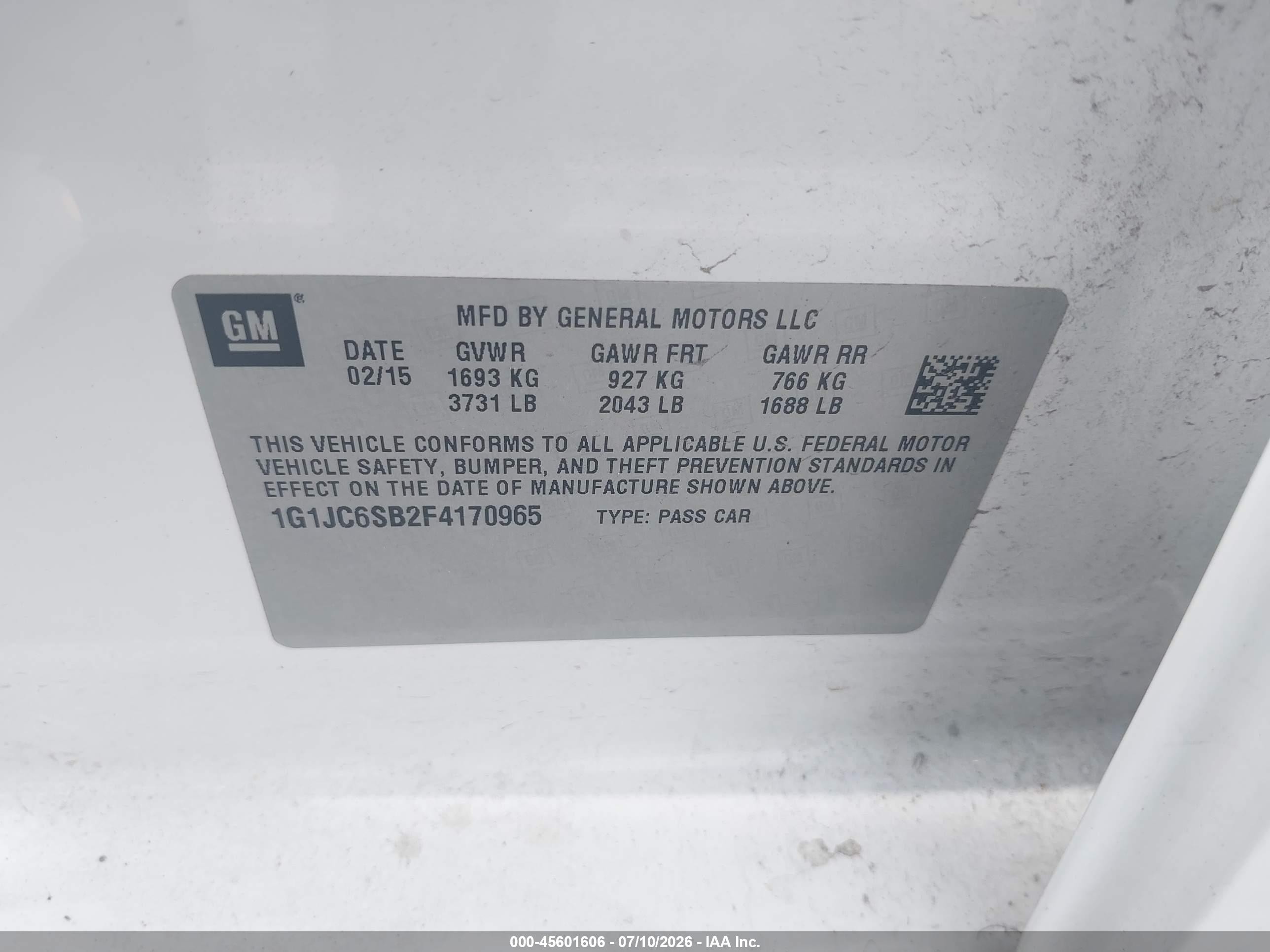 2015 Chevrolet Sonic Lt Auto White vin: 1G1JC6SB2F4170965